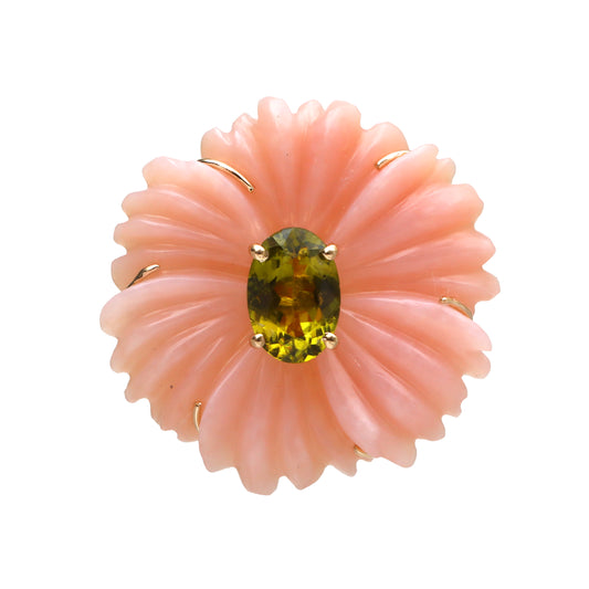 Natural Pink Opal and Tourmaline 14K gold pendant top view - NFJSD-1745