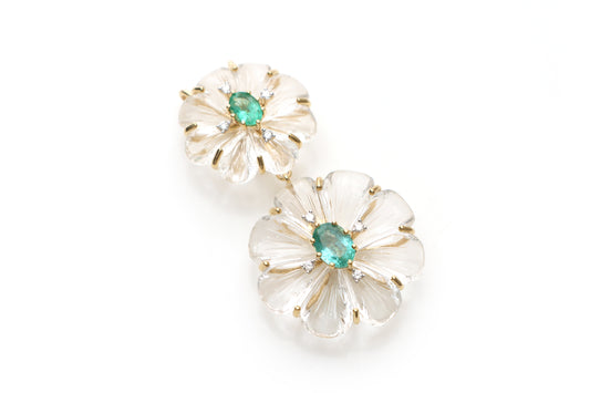 Natural Emerald Round cabs and Crystal Carving Flower 14K gold pendant front view - NFJSD-1177