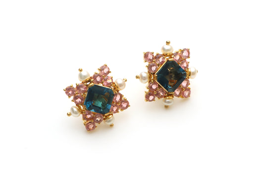 Natural Pink Tourmaline Round Cut and London Blue Topaz Cushion Cut 18K gold earrings front view - NFJSD-1404
