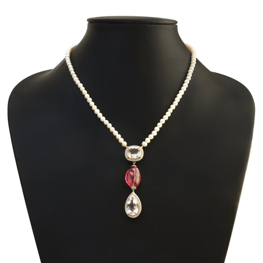 Natural White Aquamarine and Tourmaline 18K gold necklace front view - NFJSD-1935
