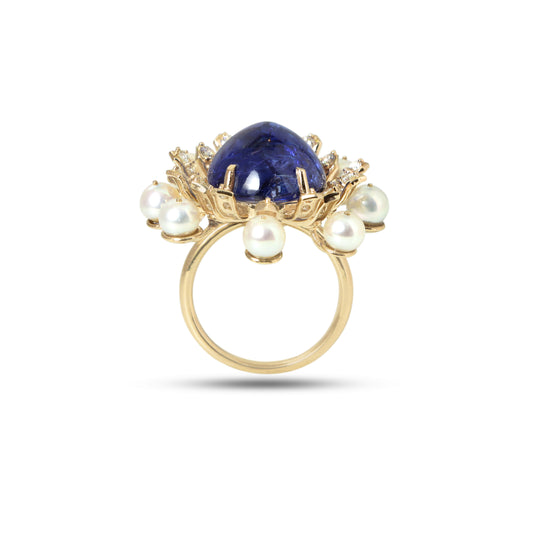 Natural Tanzanite and Pearl 18K gold ring side angle - NFJSD-1908