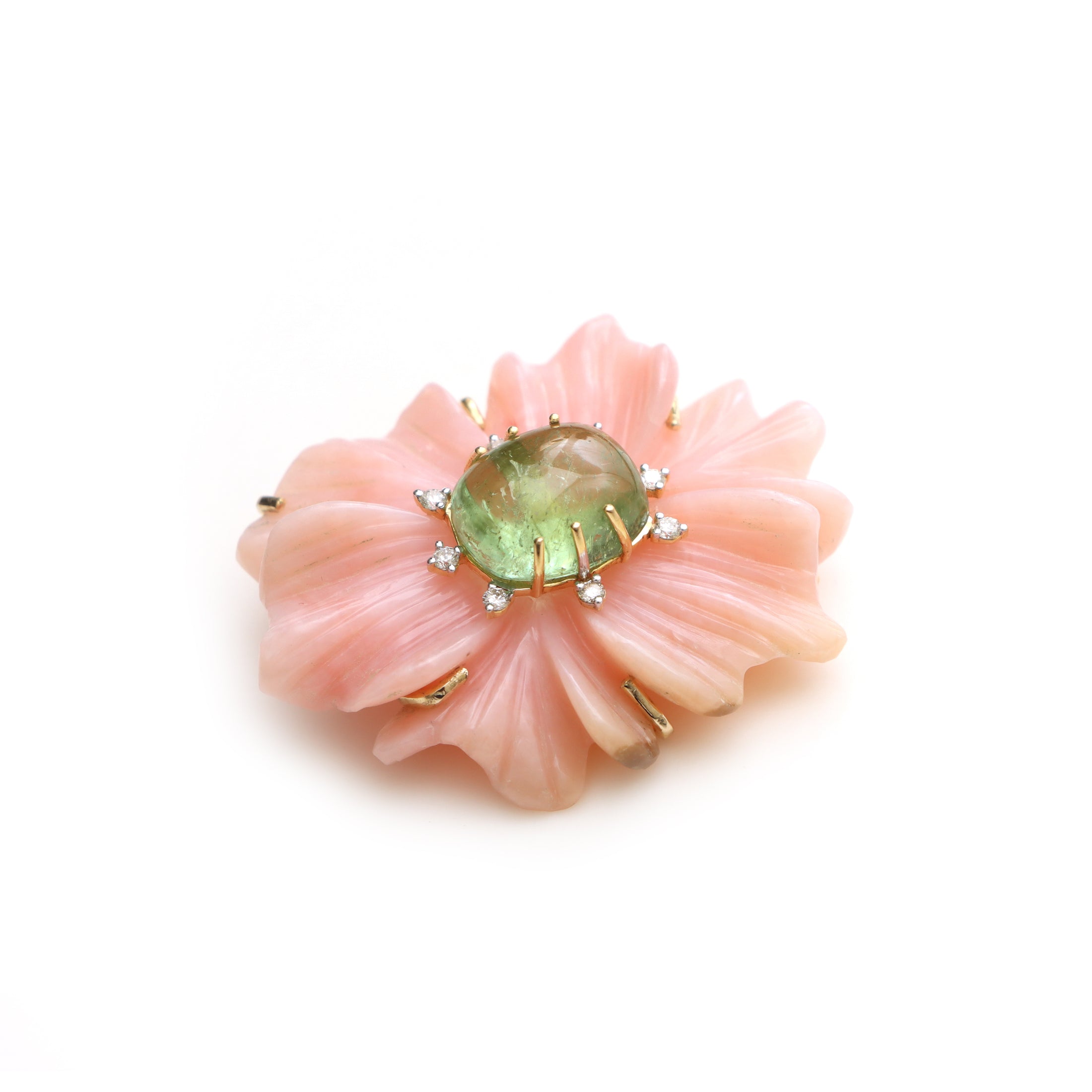 Natural Tourmaline Cushion Cab and Pink Opal Carving Flower 14K gold pendant close-up detail - NFJSD-1313