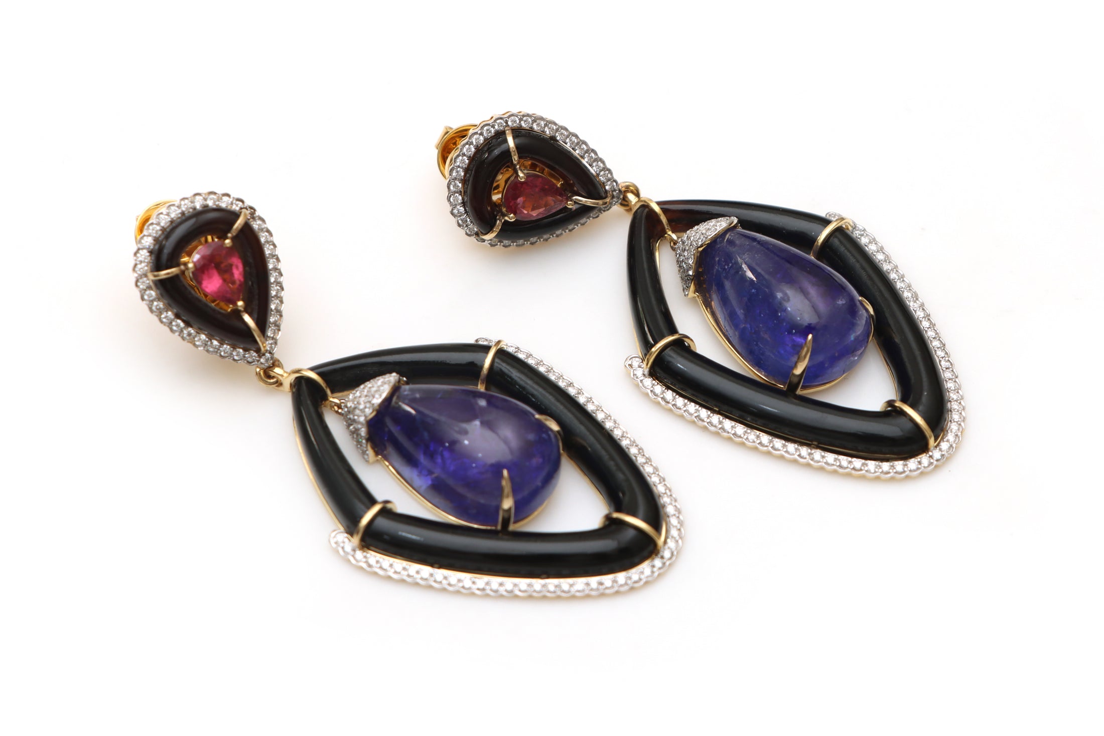 Natural Black Onyx Frame and Tanzanite Pear Cabs 14K gold earrings front view - NFJSD-1143
