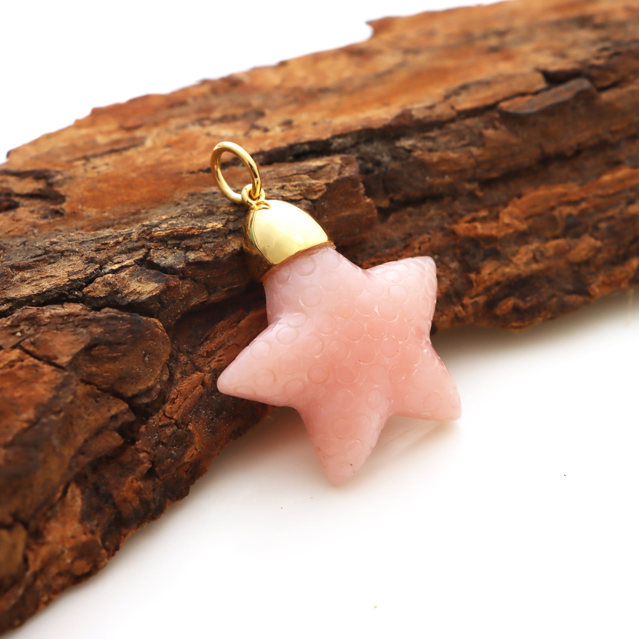 Natural Pink Opal Carving Star 14K gold charm side angle - NFJSD-1338