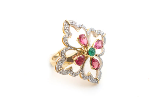 Natural Emerald round cab and Tourmaline Pear Cut 14K gold ring front view - NFJSD-1119