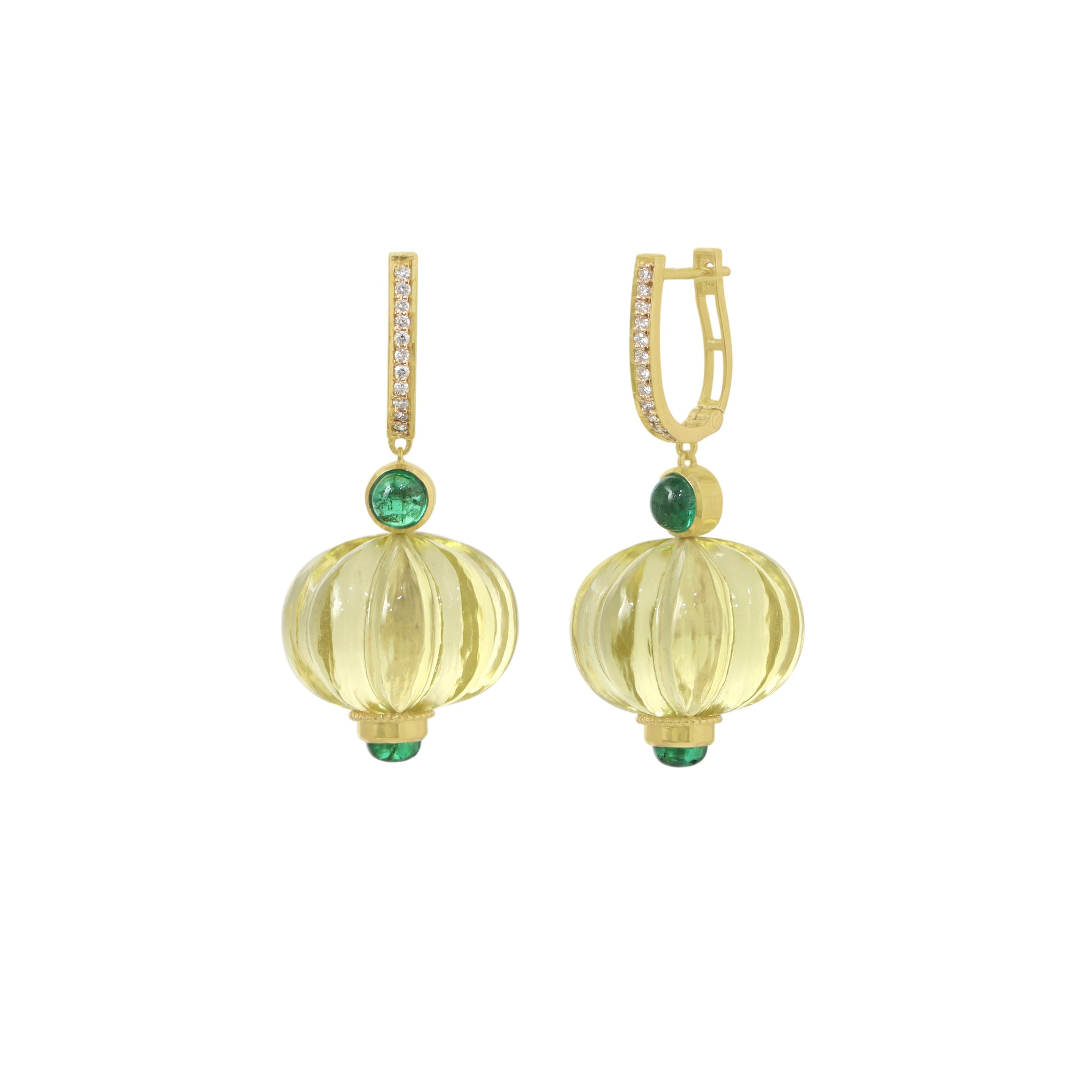 Natural Lemon Quartz and Emerald 14K gold earrings close-up detail - NFJSD-1933