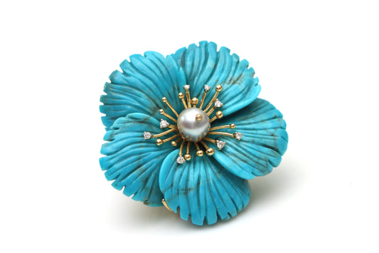 Natural Turquoise Carving Flower and Pearl Smooth Bead 14K gold brooch front view - NFJSD-1142