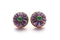 Load image into Gallery viewer, Natural Amethyst Carving Balls and Emerald Round Cabs 14K gold earrings front view - NFJSD-1031
