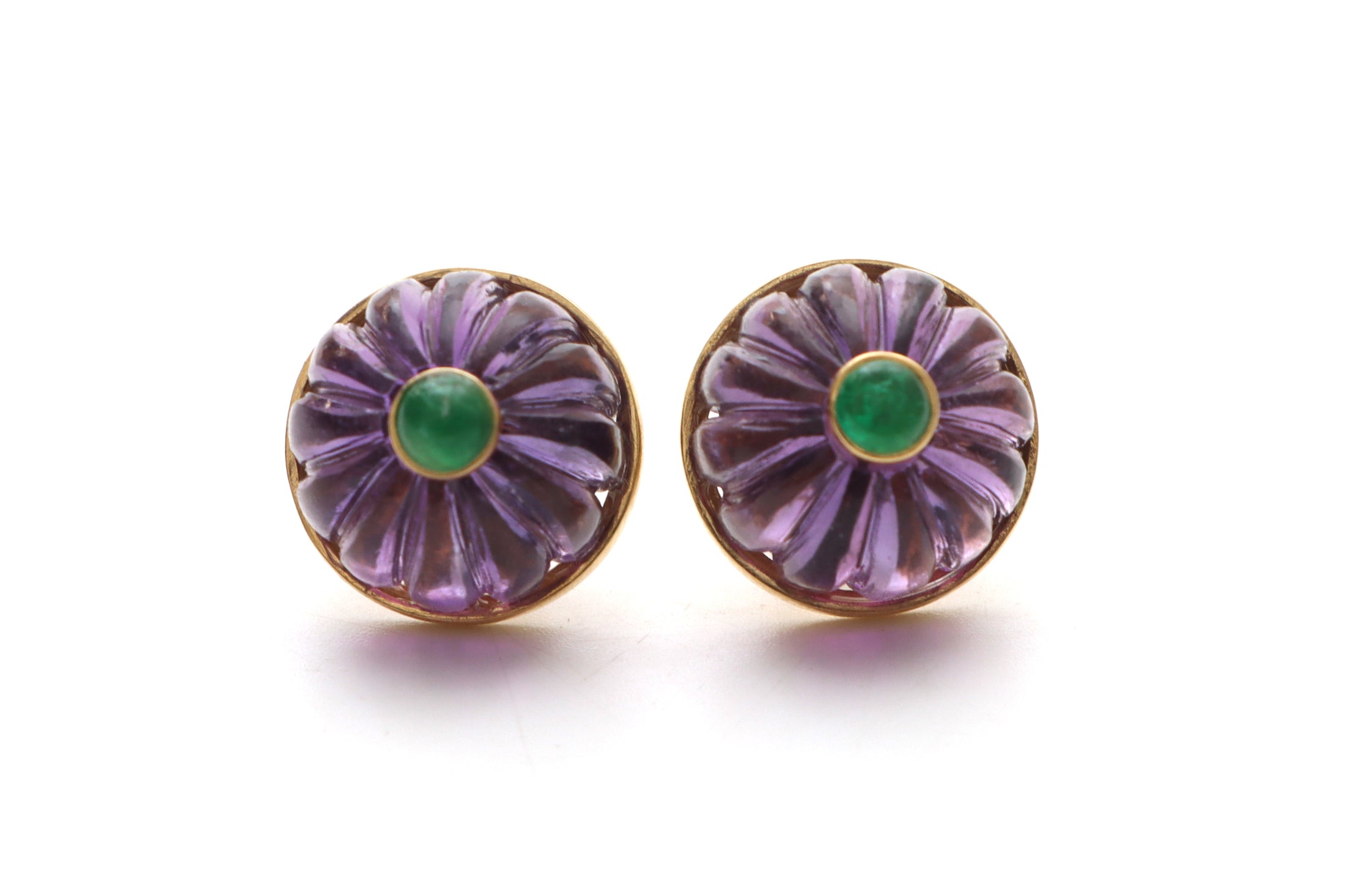 Natural Amethyst Carving Balls and Emerald Round Cabs 14K gold earrings front view - NFJSD-1031
