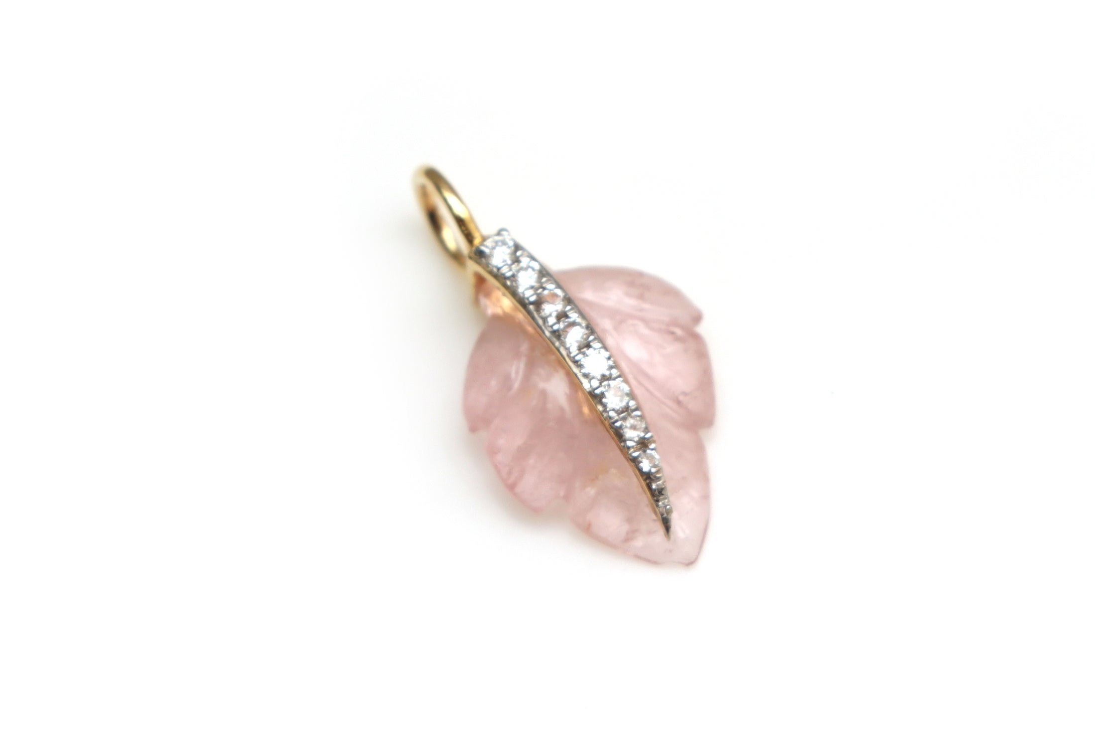 Natural Pink Tourmaline Carving Leaf 14K gold charm front view - NFJSD-1260