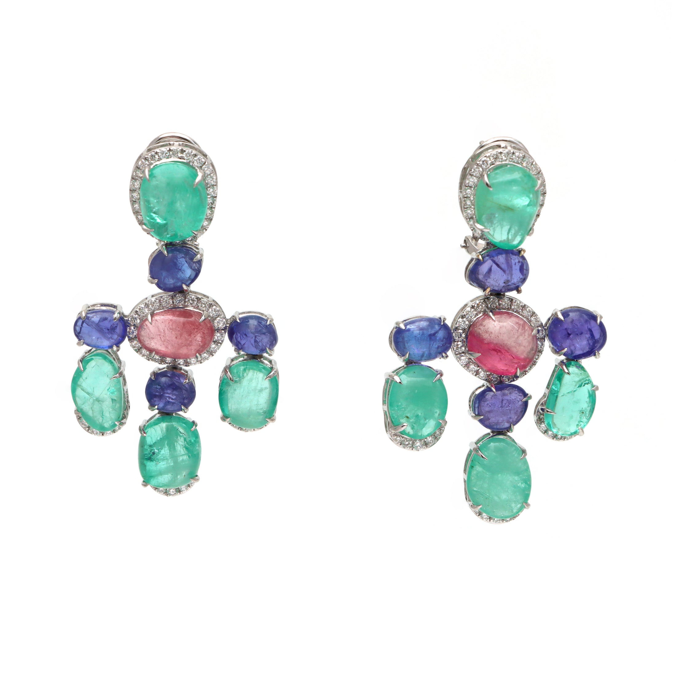 Natural Emerald and Tanzanite 18K gold earrings close-up detail - NFJSD-1760