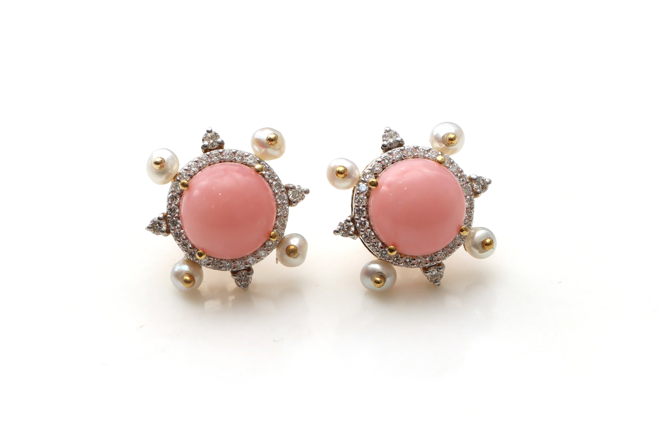 Natural Pearl Smooth Balls and Pink Opal Round Cabs 14K gold earrings front view - NFJSD-1219