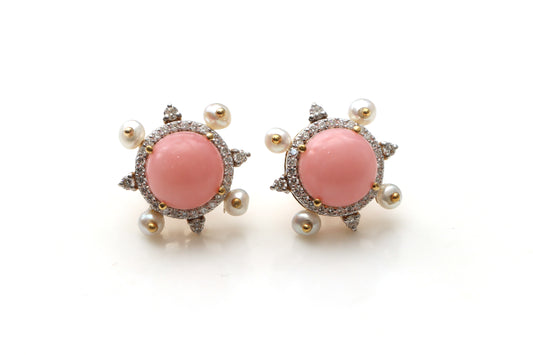 Natural Pearl Smooth Balls and Pink Opal Round Cabs 14K gold earrings front view - NFJSD-1219