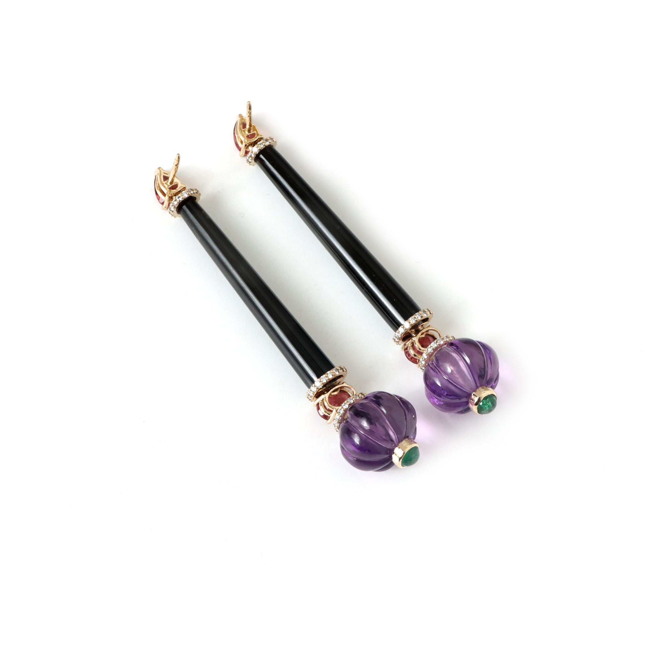 Natural Black Onyx and Amethyst 14K gold earrings top view - NFJSD-1911