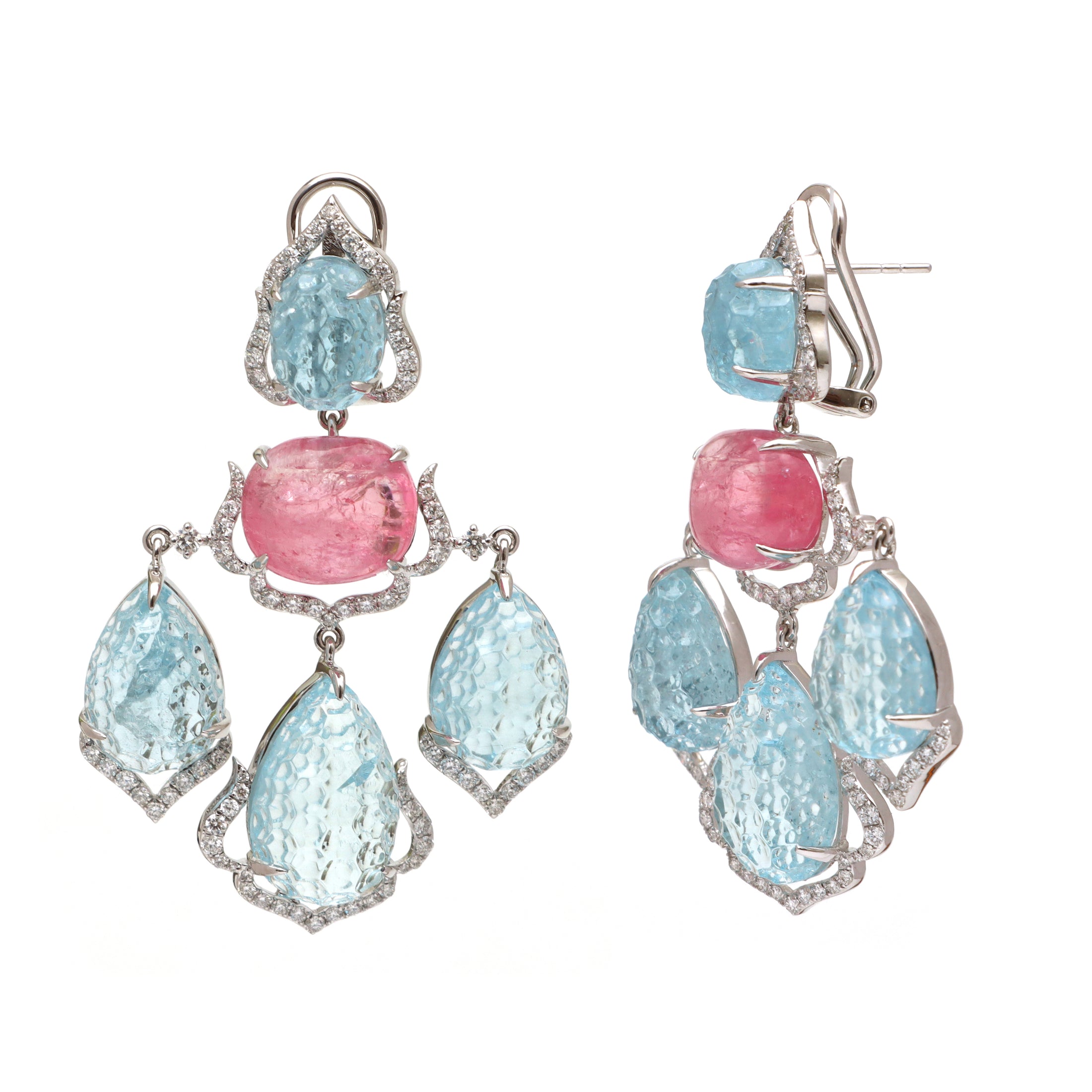 Natural Tourmaline Mix and Aqua 18K gold earrings close-up detail - NFJSD-1658