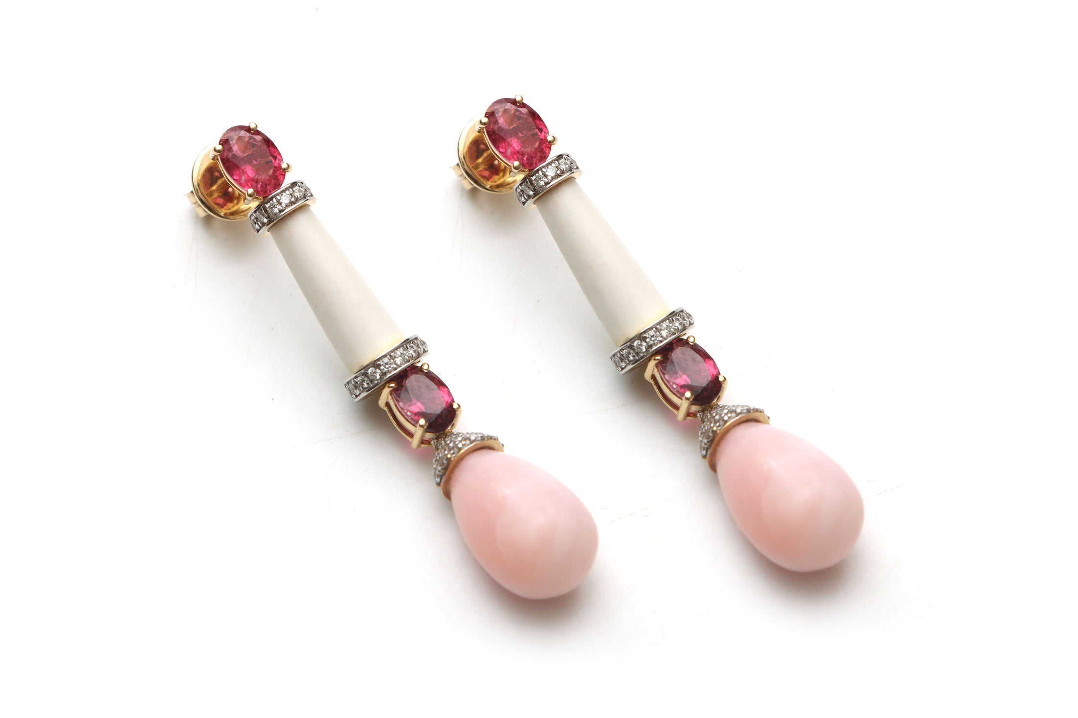 Natural Tourmaline Oval Cut and White Agate Tube 14K gold earrings front view - NFJSD-1053