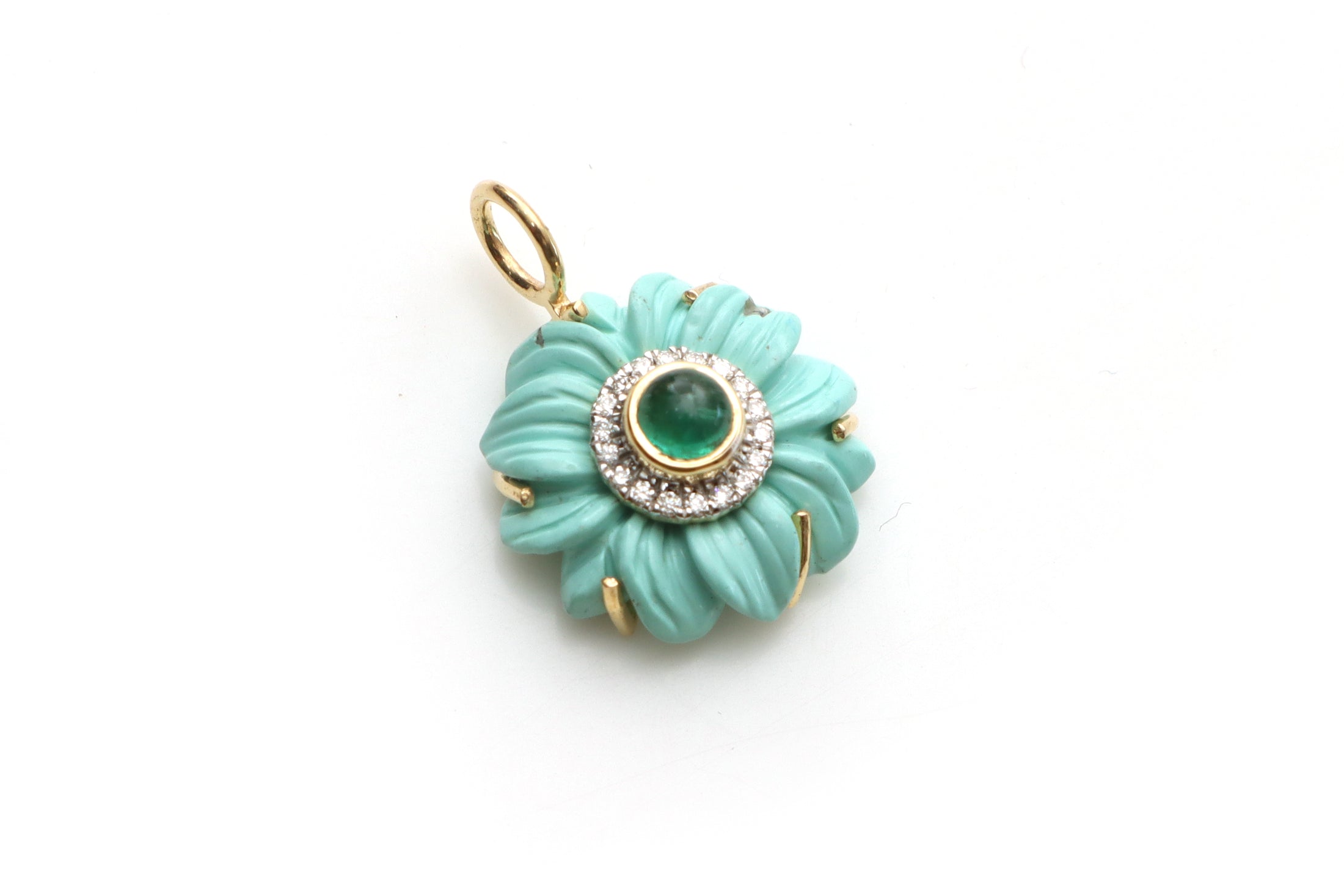 Natural Emerald Round Cab and Turquoise Carving Flower 14K gold charm front view - NFJSD-1286