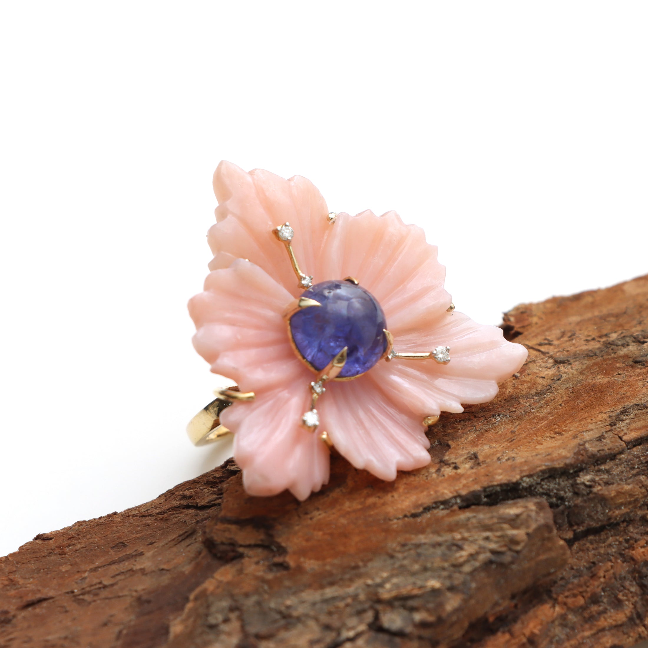Natural Tanzanite Round Cabs and Pink Opal Carving Flower 14K gold ring on-hand view - NFJSD-1317