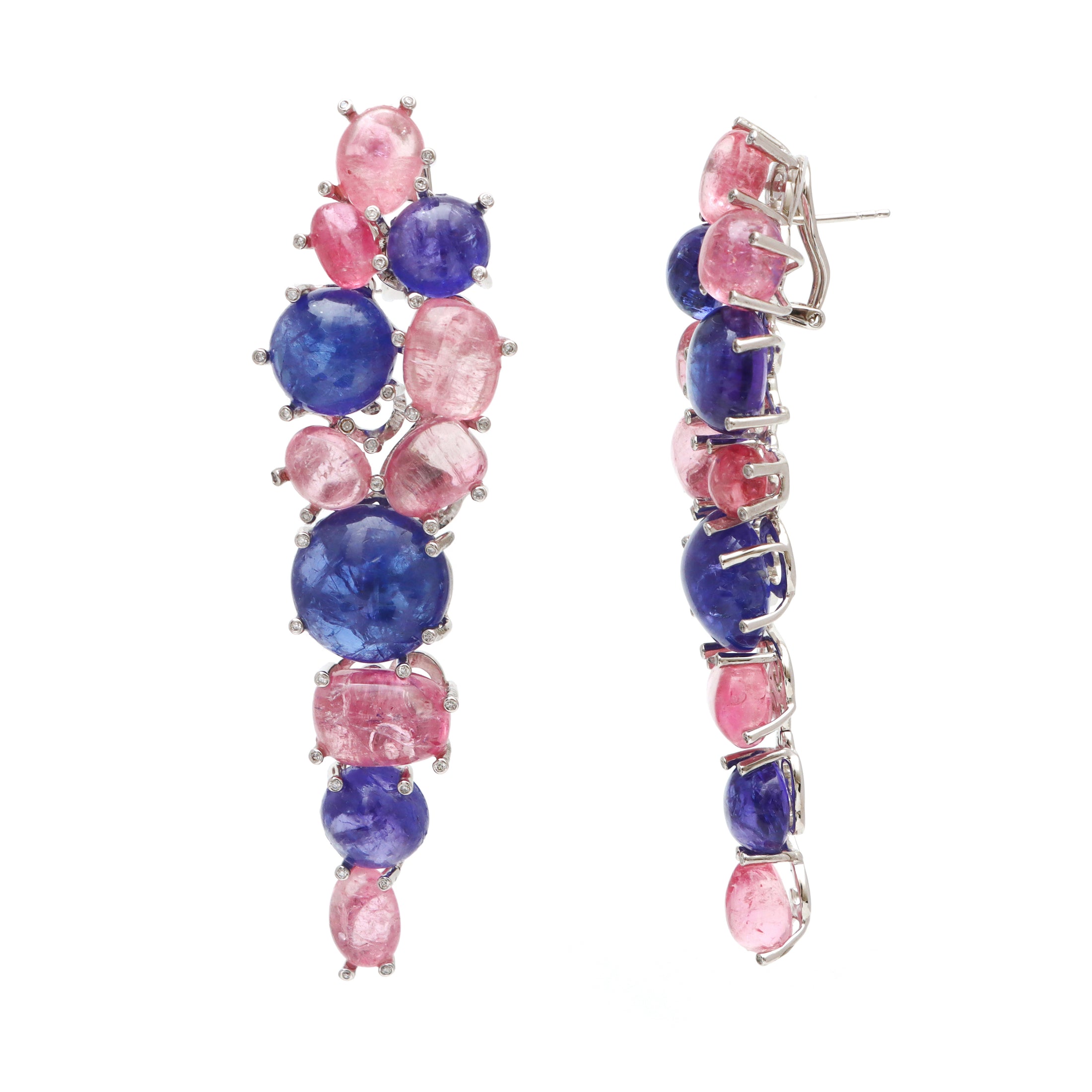 Natural Tourmaline and Tanzanite 18K gold earrings side angle - NFJSD-1739