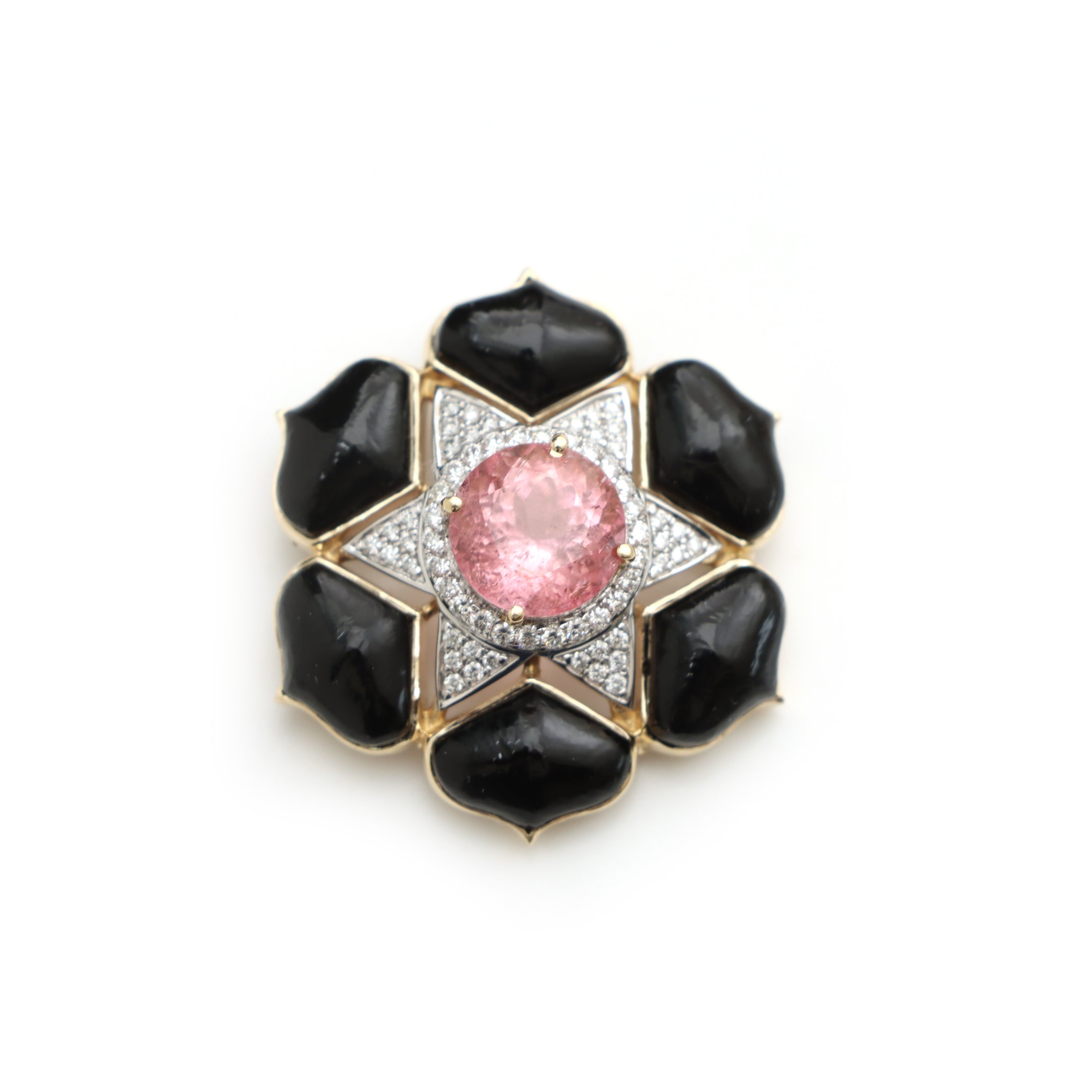 Natural Tourmaline Oval Cut and Black Onyx Leaf 14K gold pendant front view - NFJSD-1243