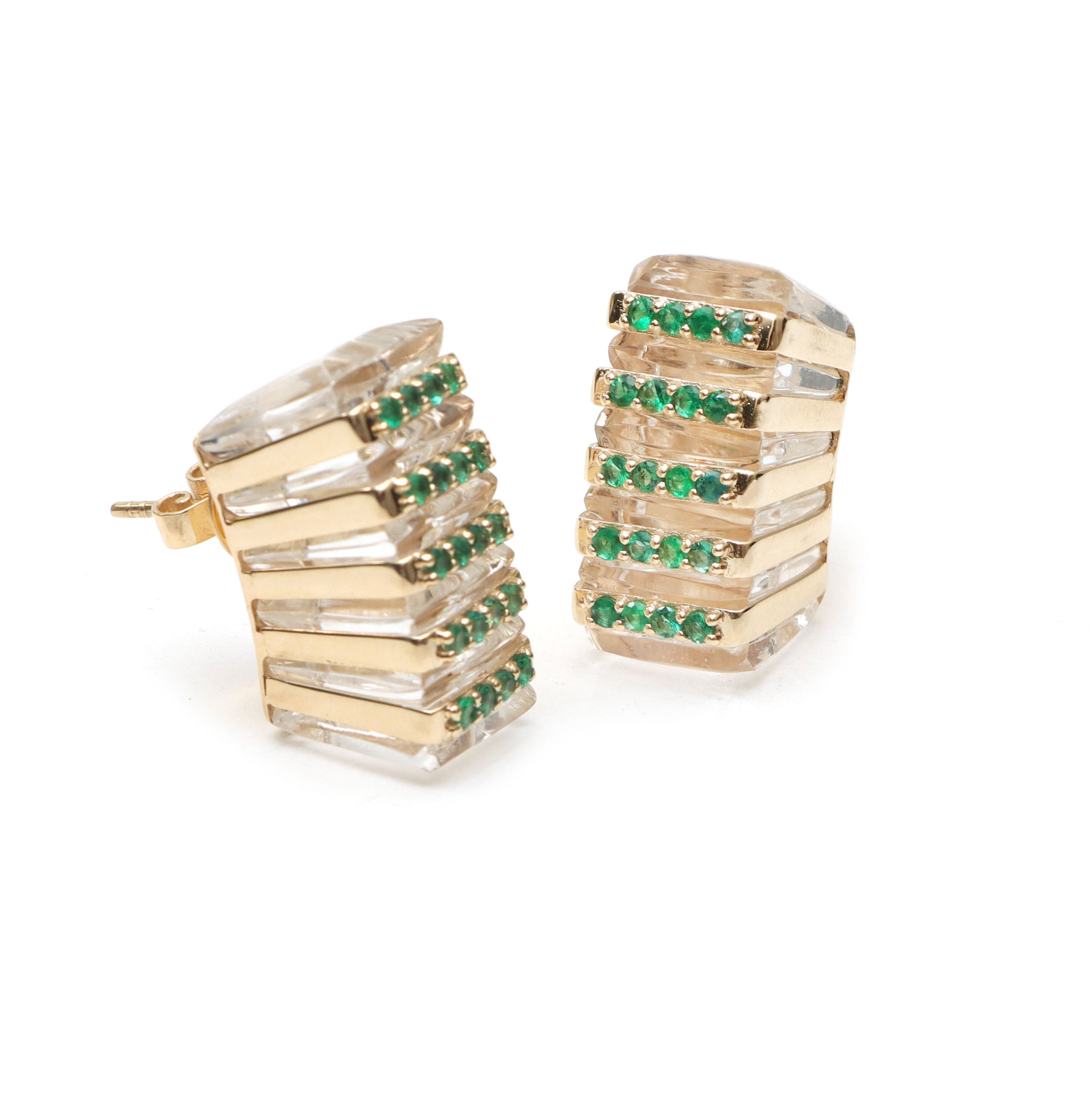Natural Emerald Round Cuts and Crystal Quartz Fancy Carving 14K gold earrings top view - NFJSD-1061