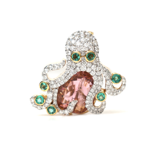 Natural Tourmaline and Emerald 18K gold brooch front view - NFJSD-1787