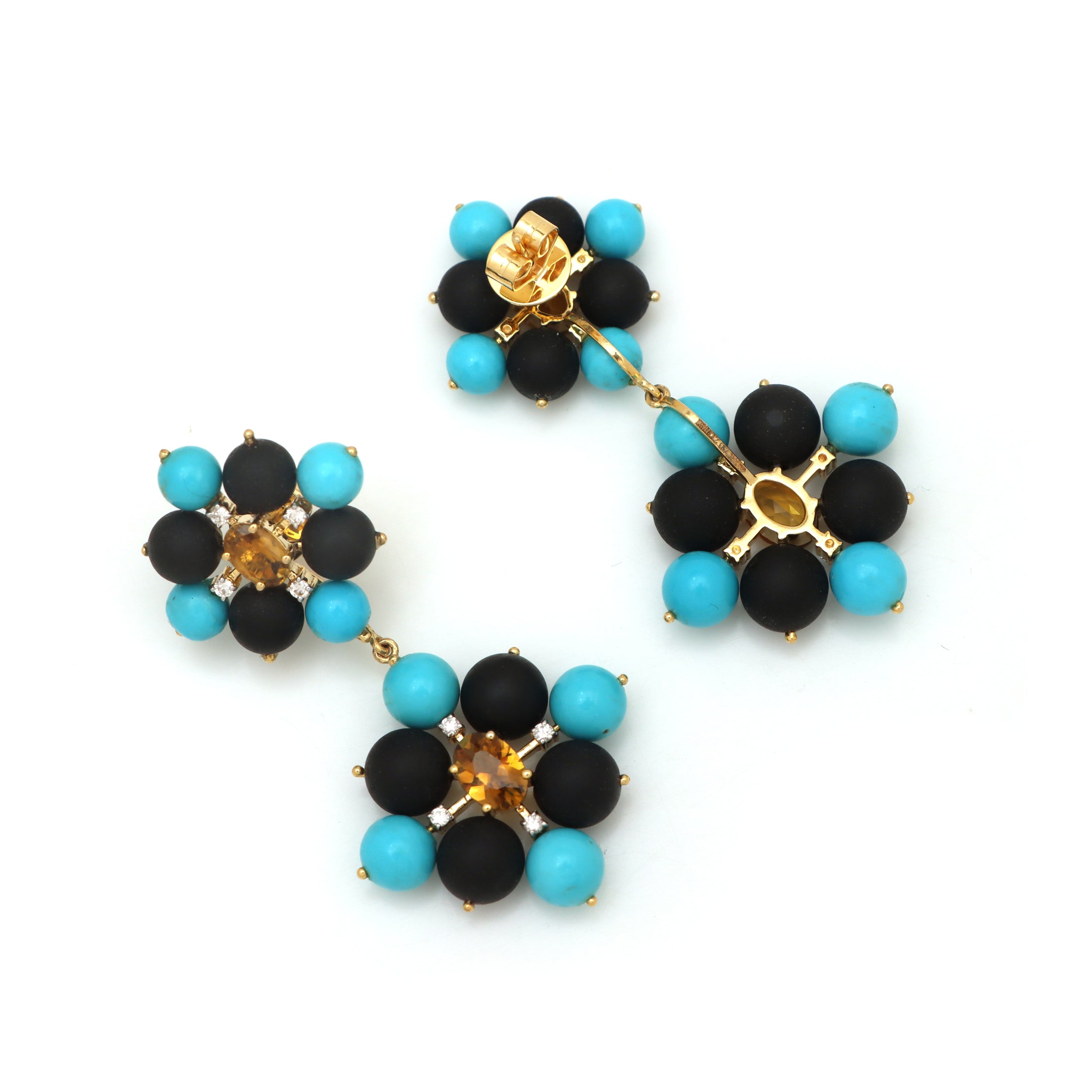 Natural Black Onyx and Turquoise 18K gold earrings close-up detail - NFJSD-1542