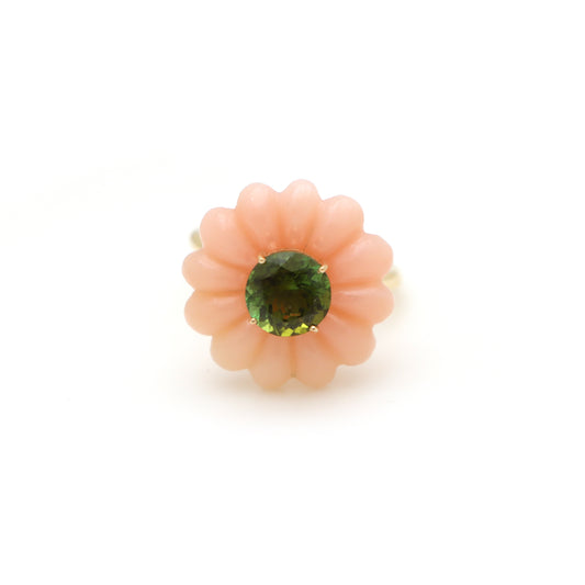 Natural Pink Opal Carving and Green Tourmaline 14K gold ring side angle - NFJSD-1563