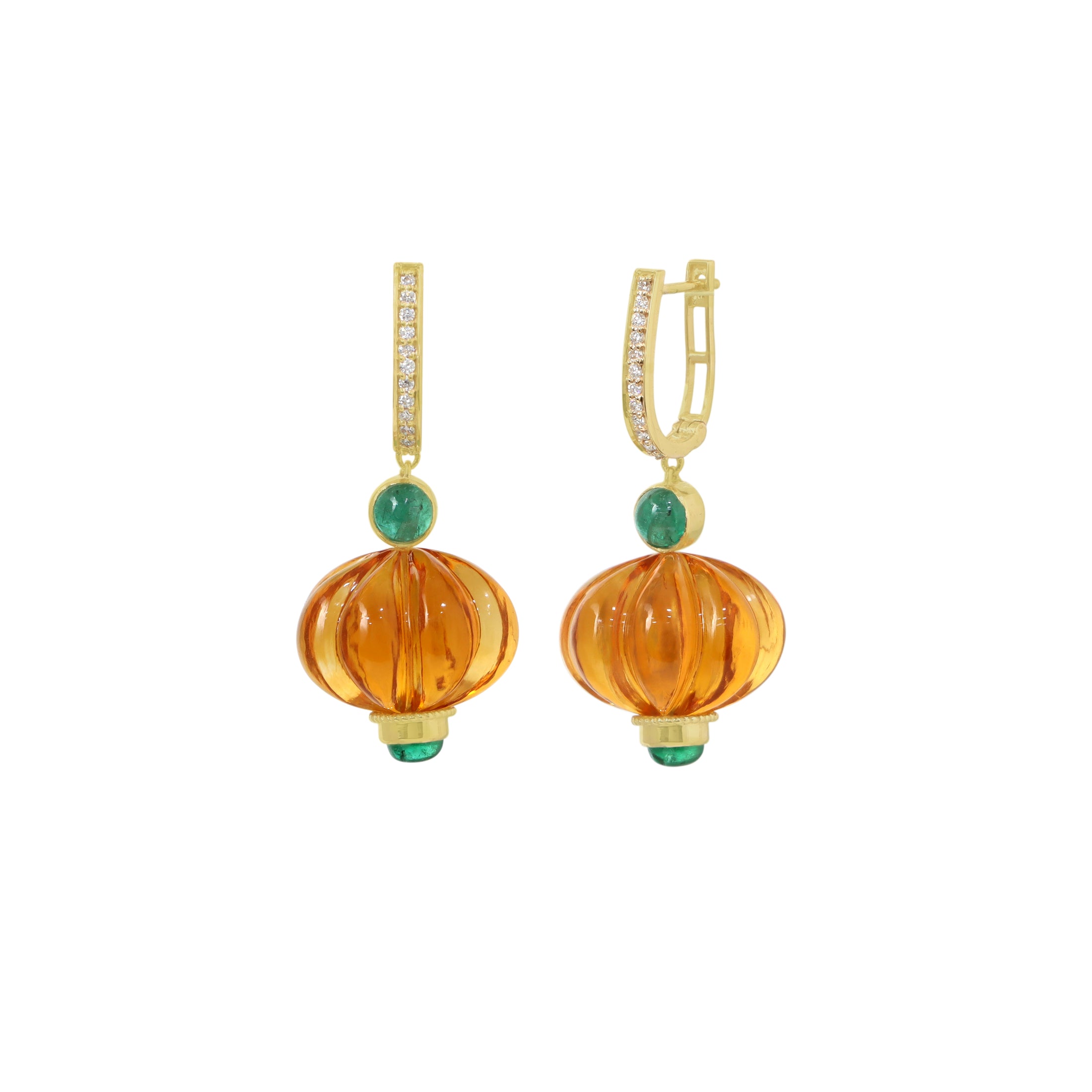 Natural Citrine and Emerald 14K gold earrings close-up detail - NFJSD-1931