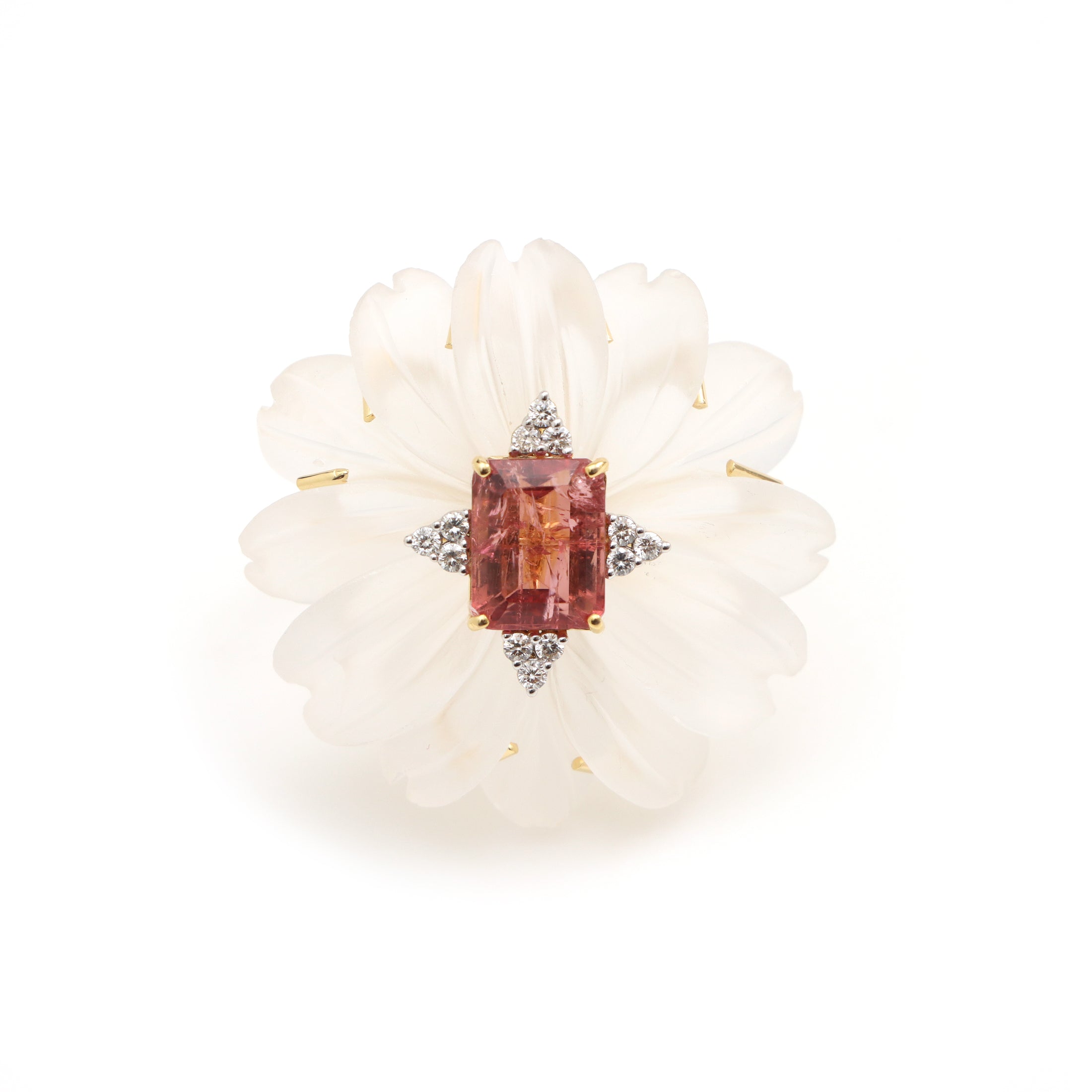 Natural Tourmaline Rectangle Cut and Crystal Quartz Carving  Flower 14K gold ring front view - NFJSD-1246
