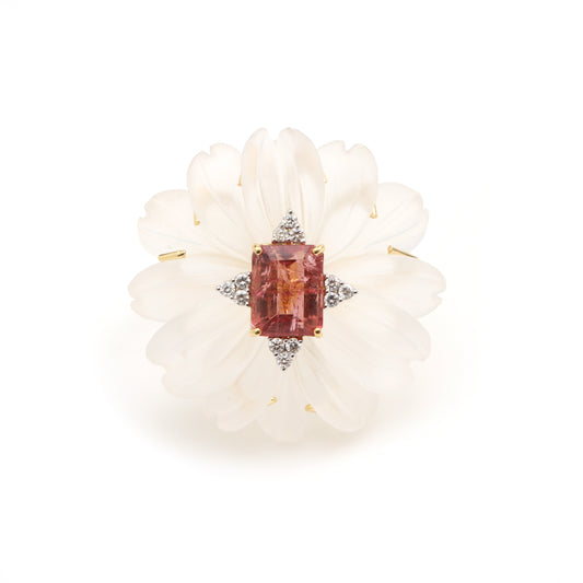 Natural Tourmaline Rectangle Cut and Crystal Quartz Carving  Flower 14K gold ring front view - NFJSD-1246