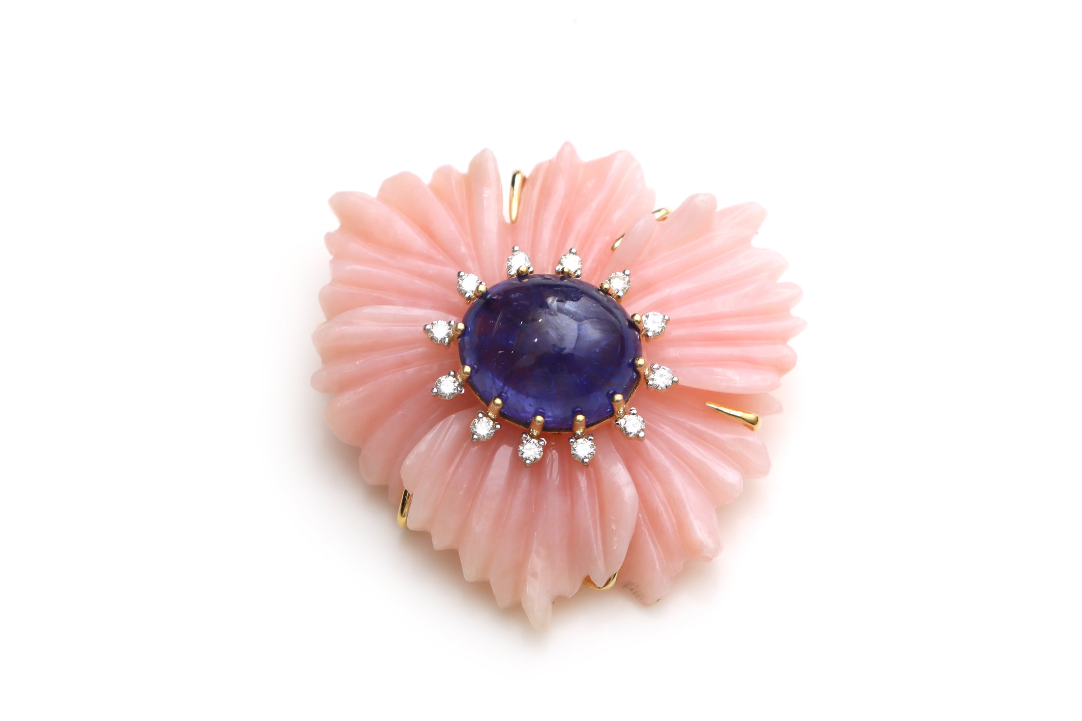 Natural Tanzanite Oval Cabs and Pink Opal Carving Flower 14K gold pendant front view - NFJSD-1321