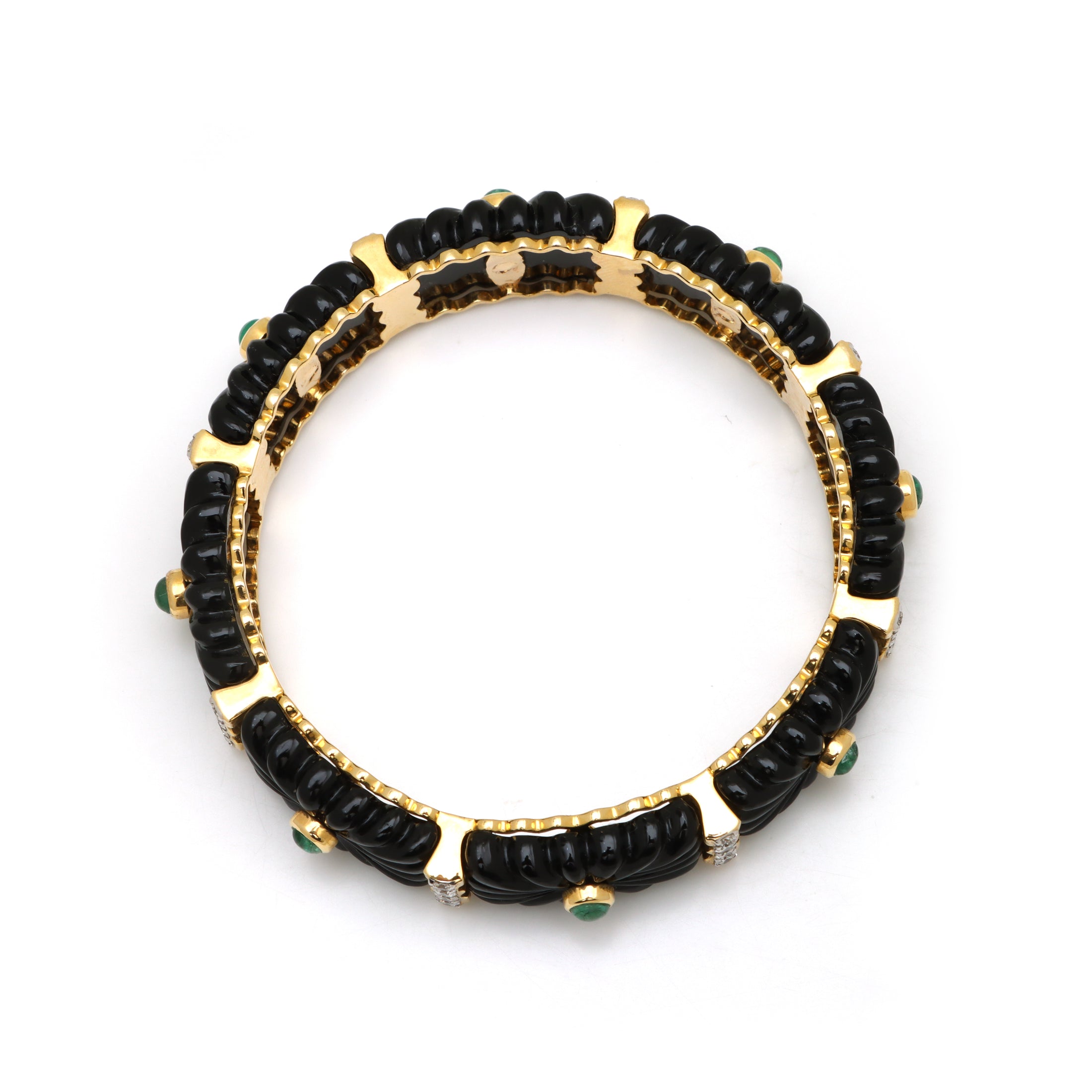 Natural Emerald Round Cabs and Black Onyx Carving 14K gold bangle back view - NFJSD-1128