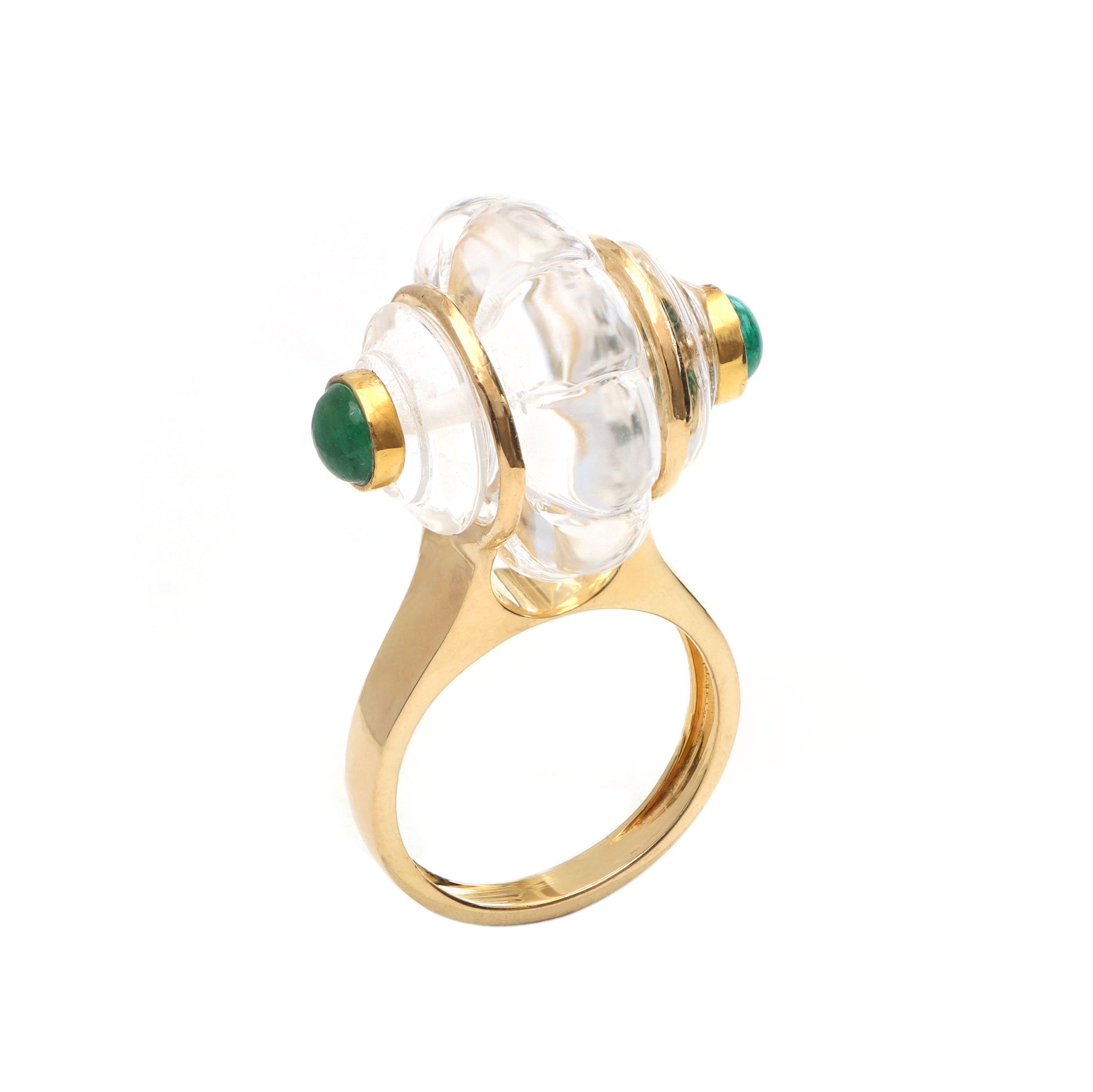 Natural Crystal Quartz Carving and Emerald Round Cabs 14K gold ring top view - NFJSD-1011