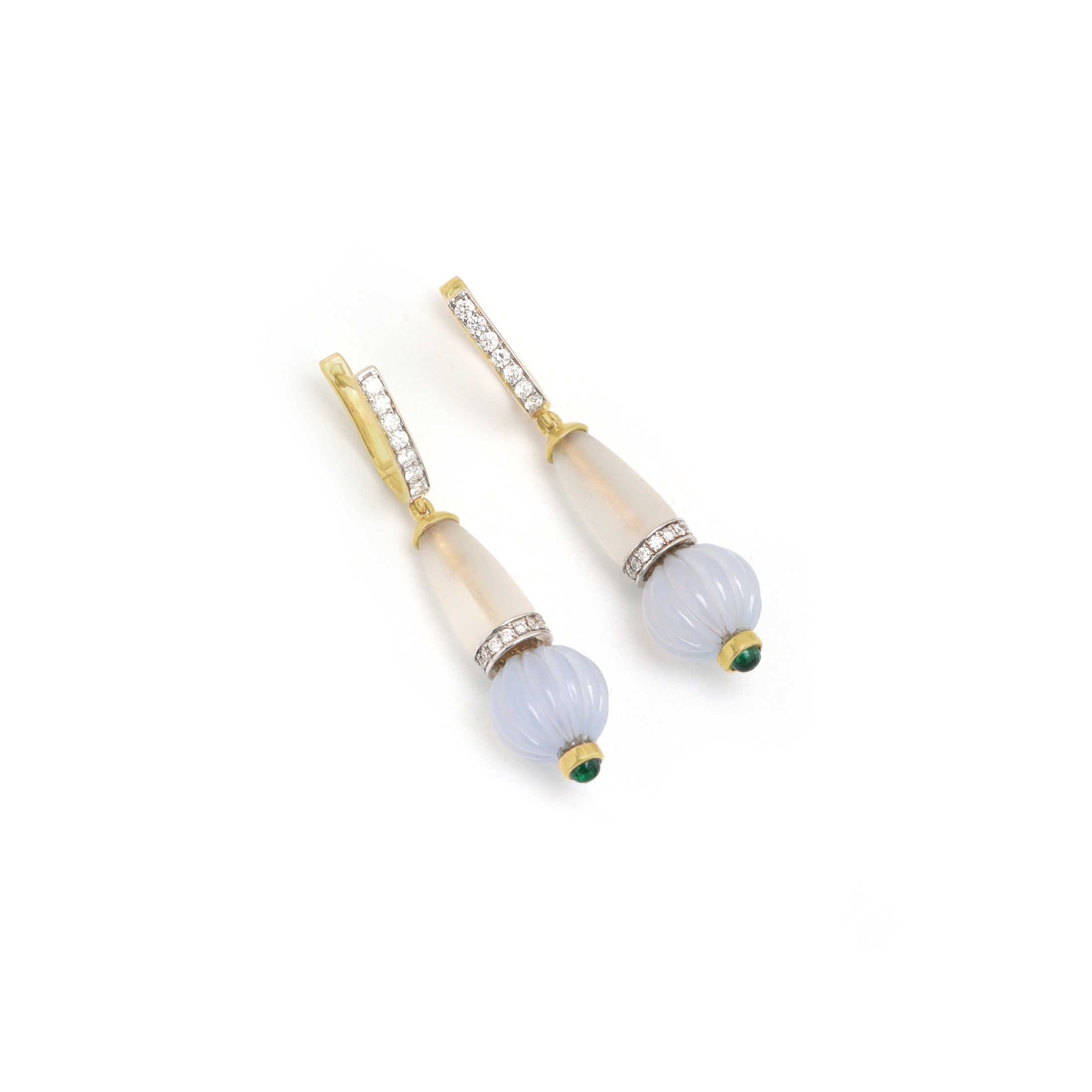 Natural Emerald Round Cabs and Blue Chalcedony Carving Ball 14K gold earrings close-up detail - NFJSD-1132