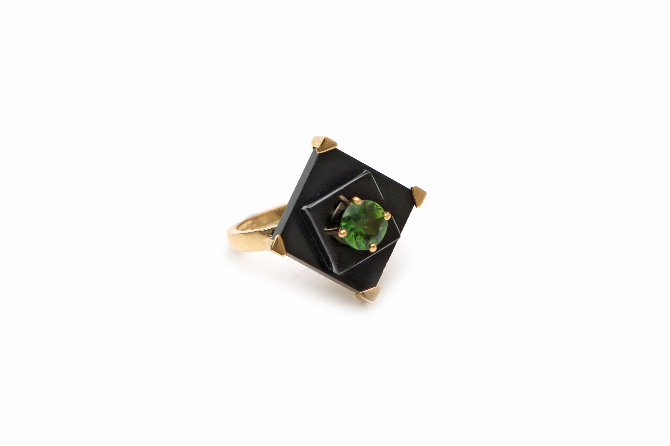 Natural Black onyx Square Flat and Green Tourmaline Round Cut 14K gold ring front view - NFJSD-1040