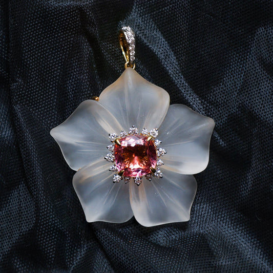 Natural Crystal Carving and Tourmaline Mix 18K gold pendant side angle - NFJSD-1662