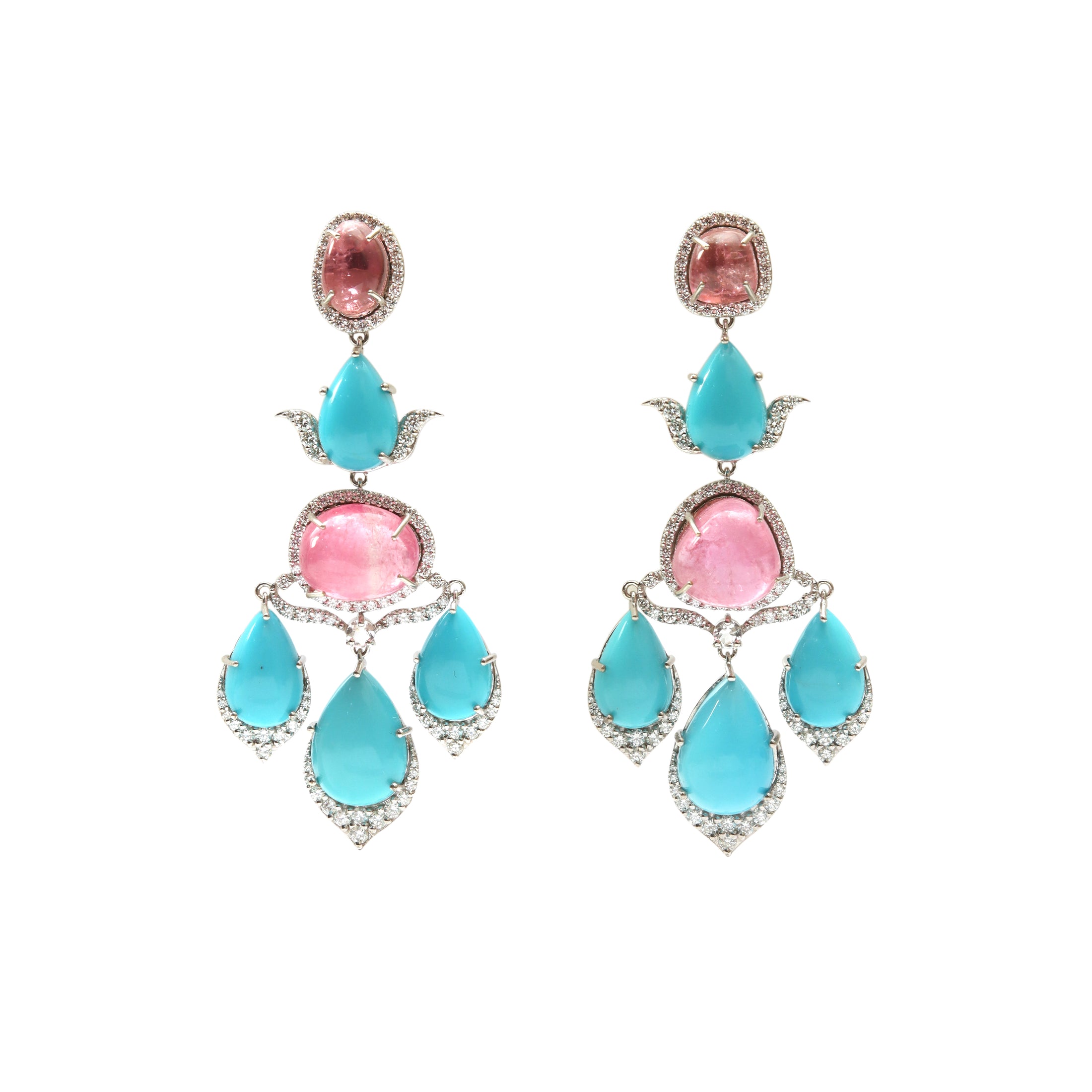 Natural Turquoise and Tourmaline 18K gold earrings front view - NFJSD-1952