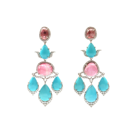 Natural Turquoise and Tourmaline 18K gold earrings front view - NFJSD-1952