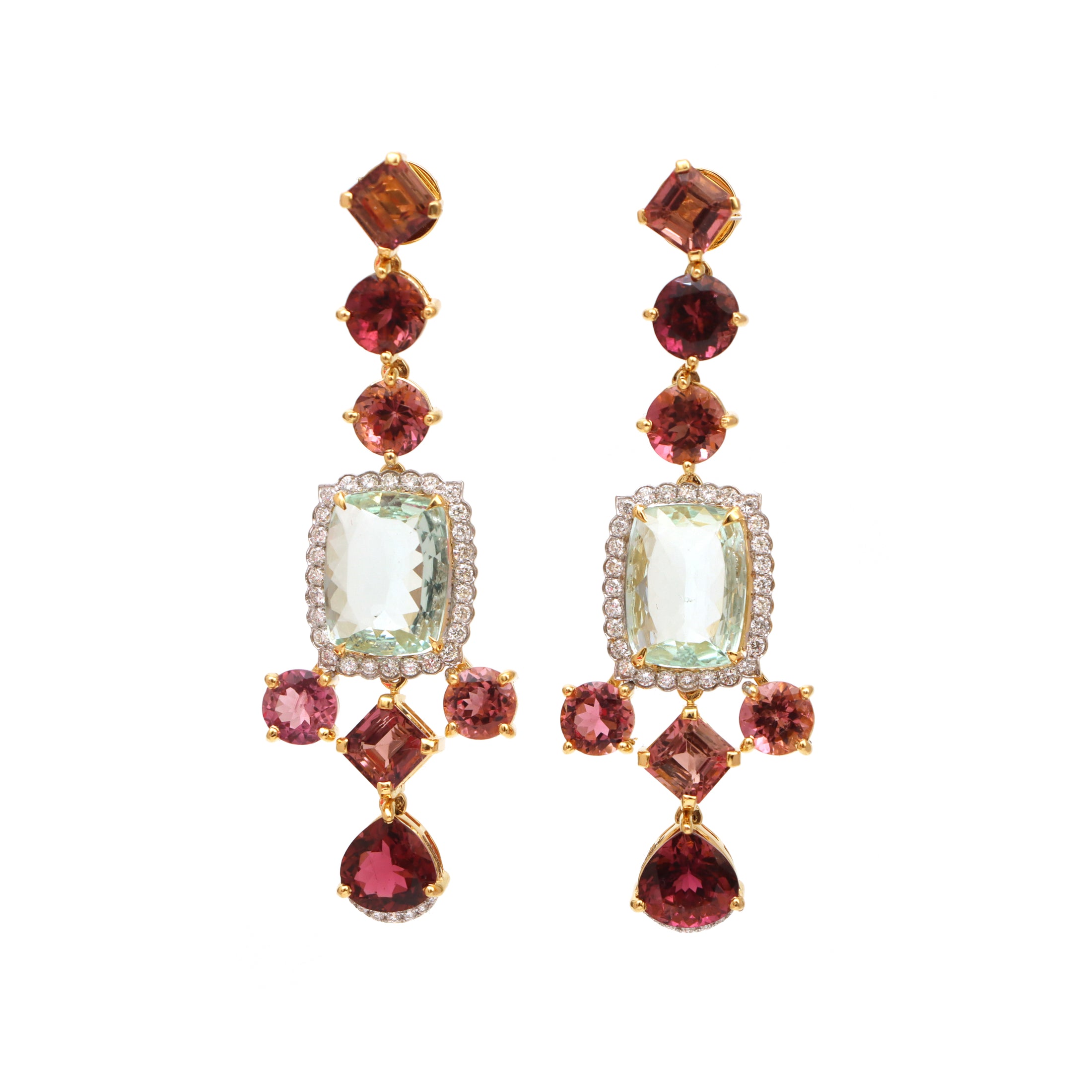Natural Aquamarine and Tourmaline 18K gold earrings back view - NFJSD-1462