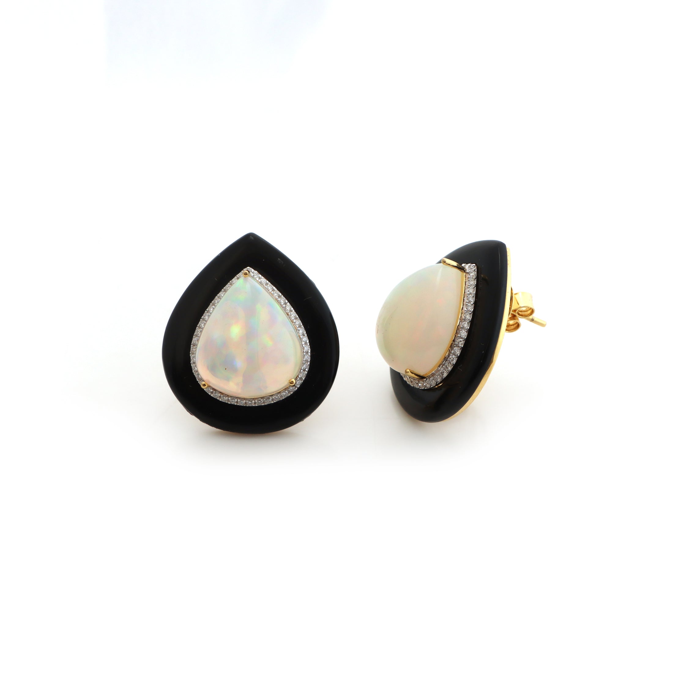 Natural Black Onyx Frame Pear and Ethiopian Opal Pear Cabs 14K gold earrings side angle - NFJSD-1308