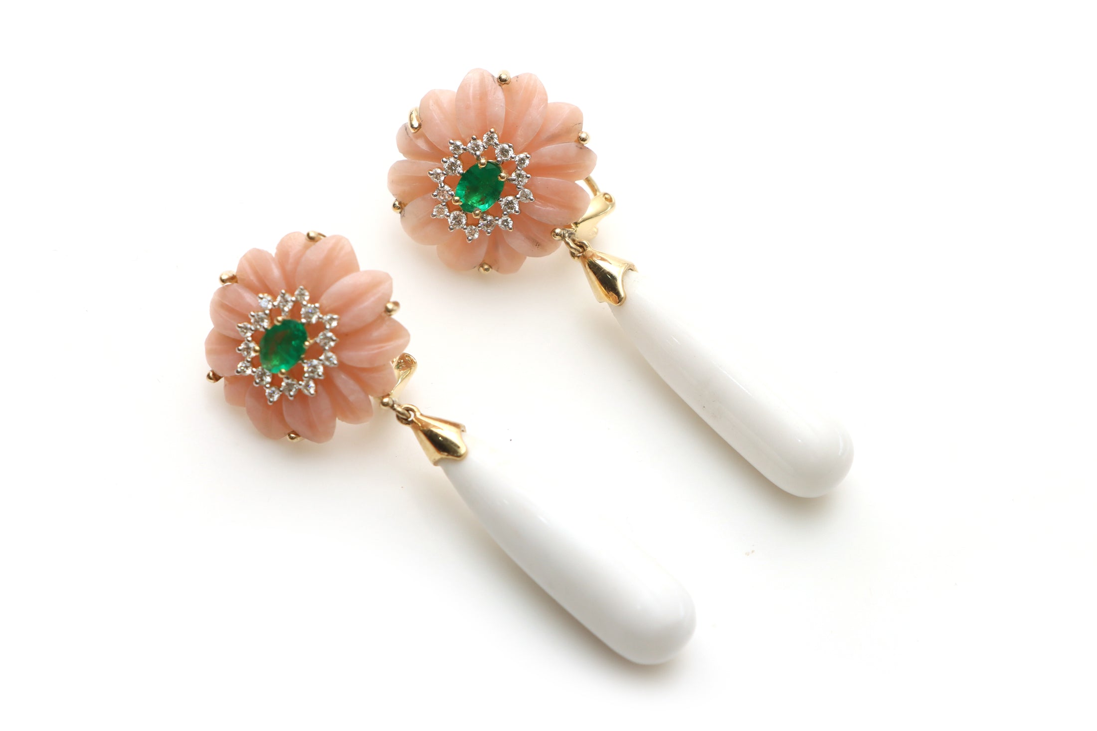 Natural Emerald Oval Cut and Pink Opal Carving Flower 14K gold earrings front view - NFJSD-1285