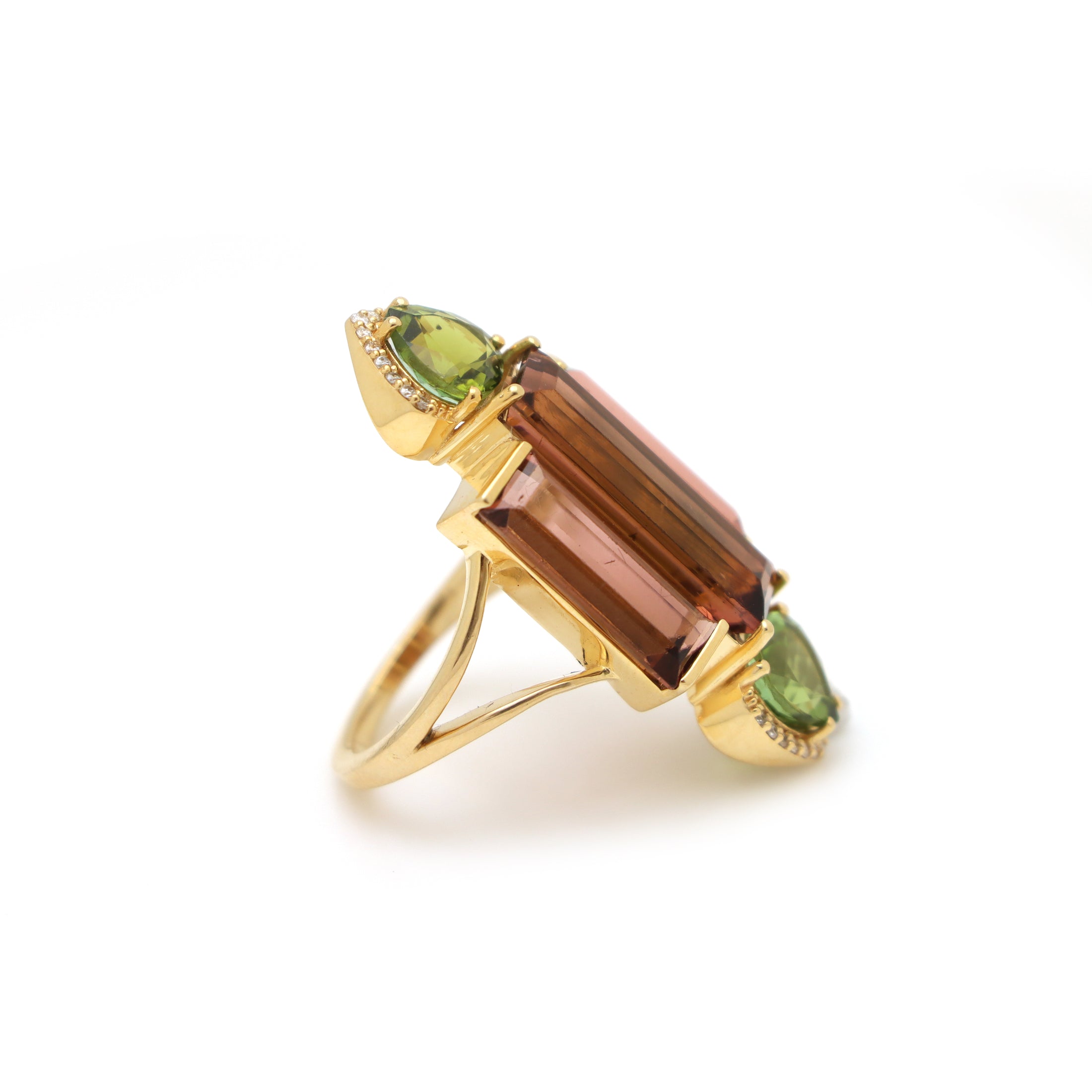 Natural Pink Tourmaline and Green Tourmaline 18K gold ring top view - NFJSD-1570