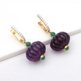 Load image into Gallery viewer, Natural Emerald Round Cabs and Amethyst Carving Beads 14K gold earrings close-up detail - NFJSD-1334

