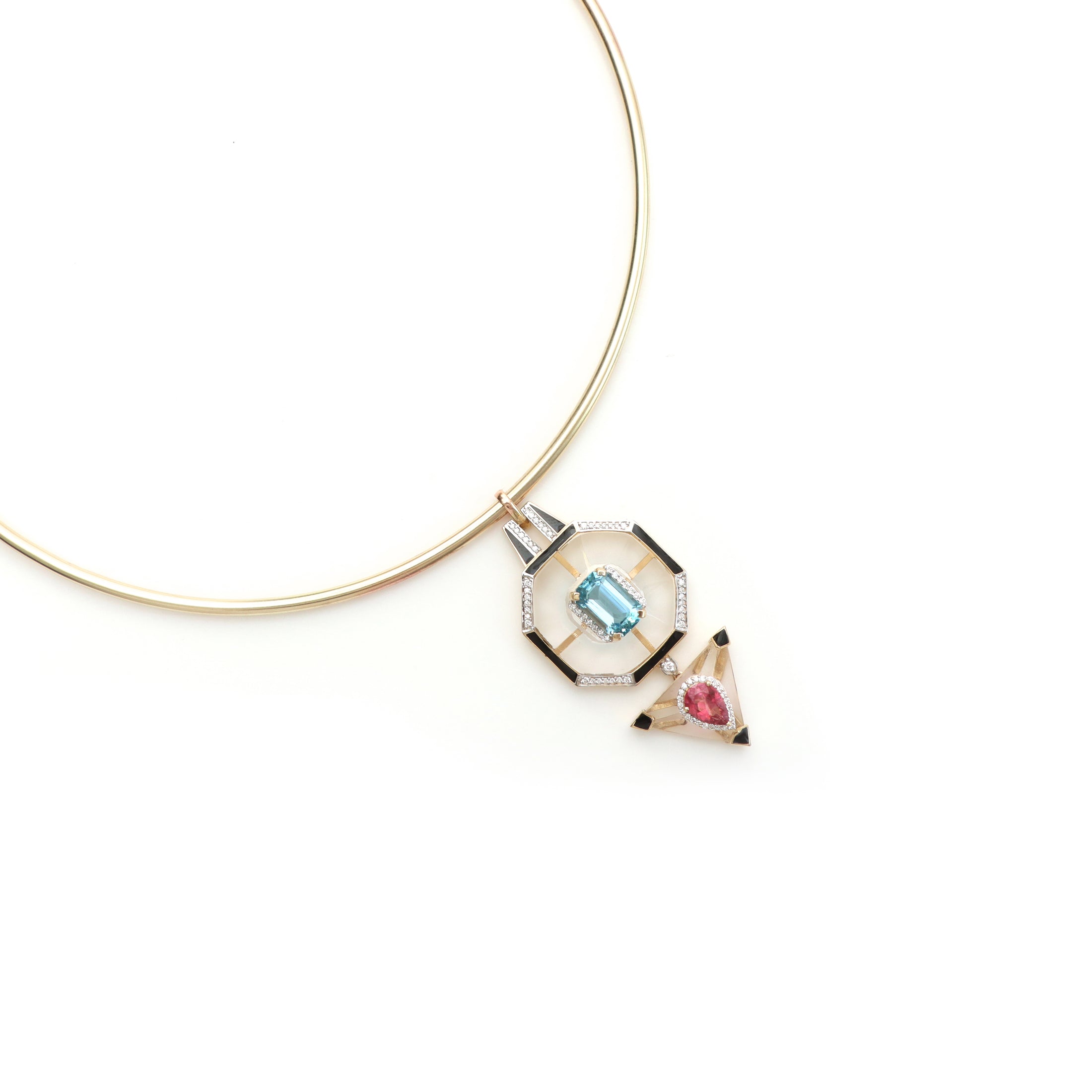 Natural Aquamarine Octagon Cut and Pink Tourmaline Pear Cut 14K gold pendant side angle - NFJSD-1206