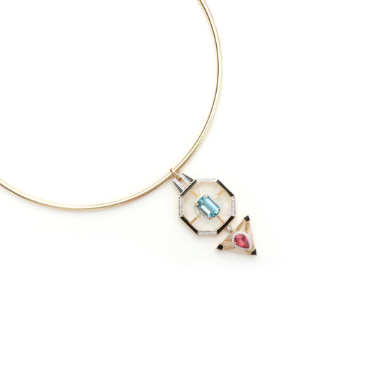 Natural Aquamarine Octagon Cut and Pink Tourmaline Pear Cut 14K gold pendant side angle - NFJSD-1206