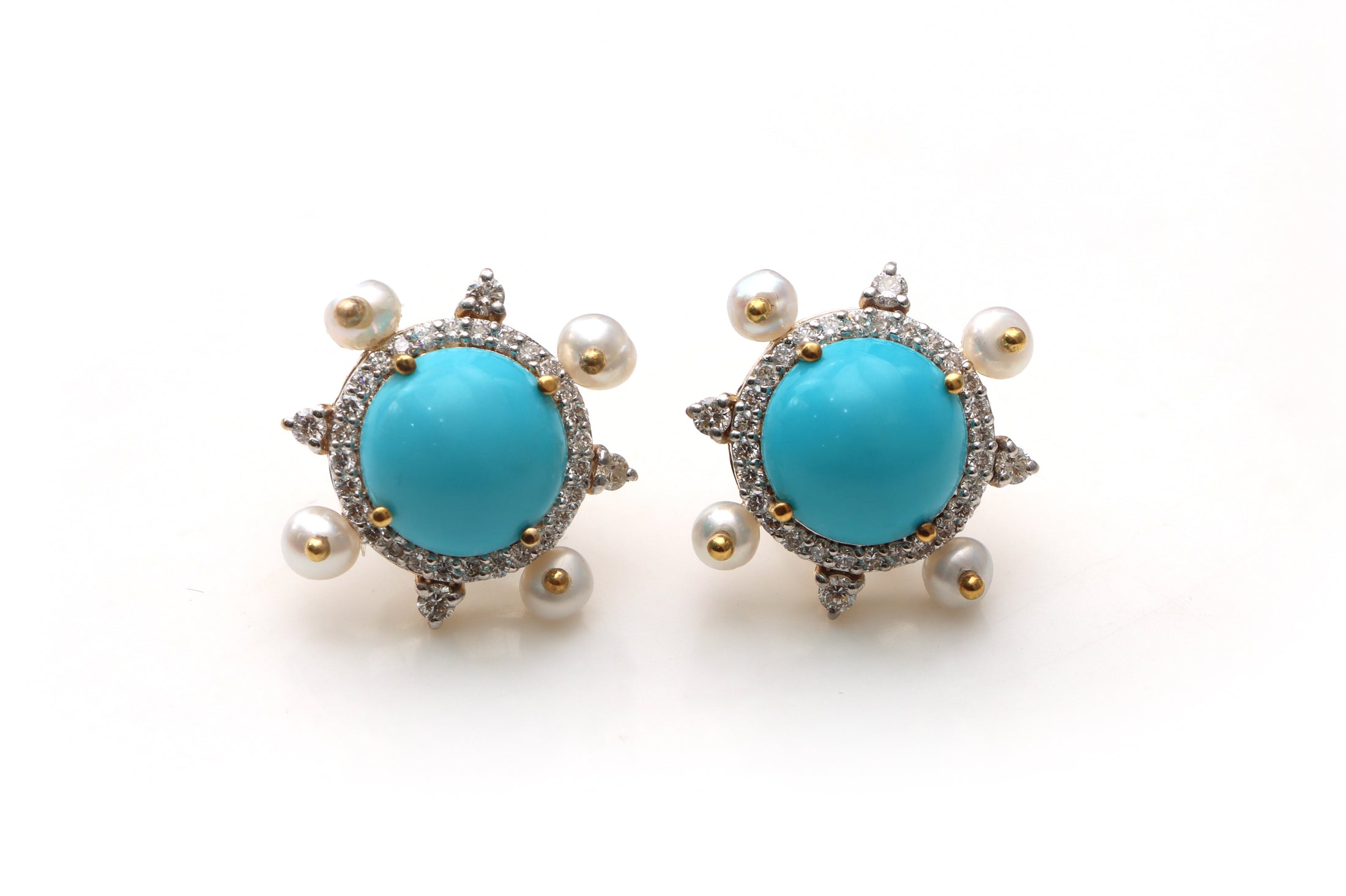 Natural Pearl Smooth Balls and Turquoise Round Cabs 14K gold earrings front view - NFJSD-1218