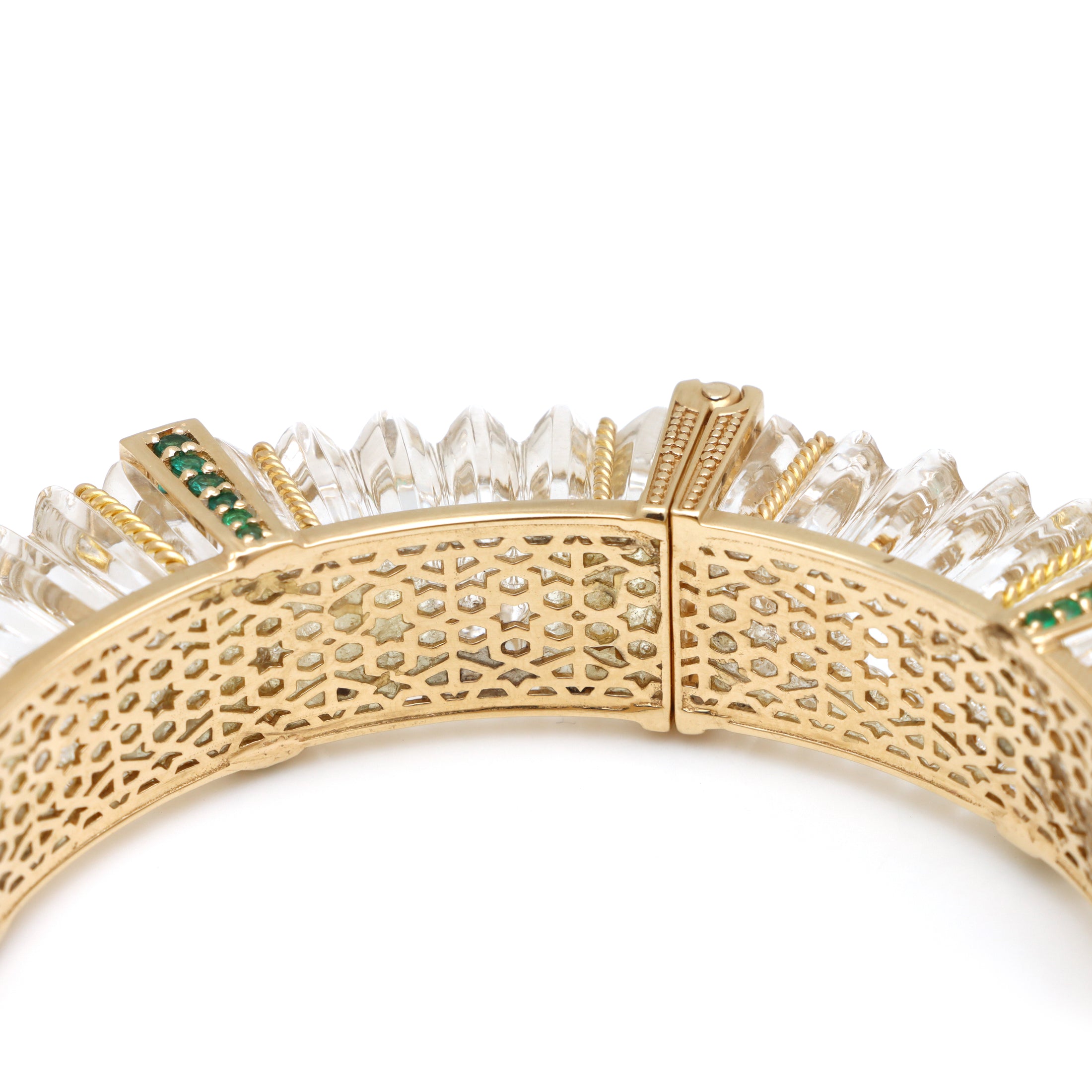 Natural Emerald Round Cuts and Crystal Quartz Fancy Carving 14K gold bangle top view - NFJSD-1060