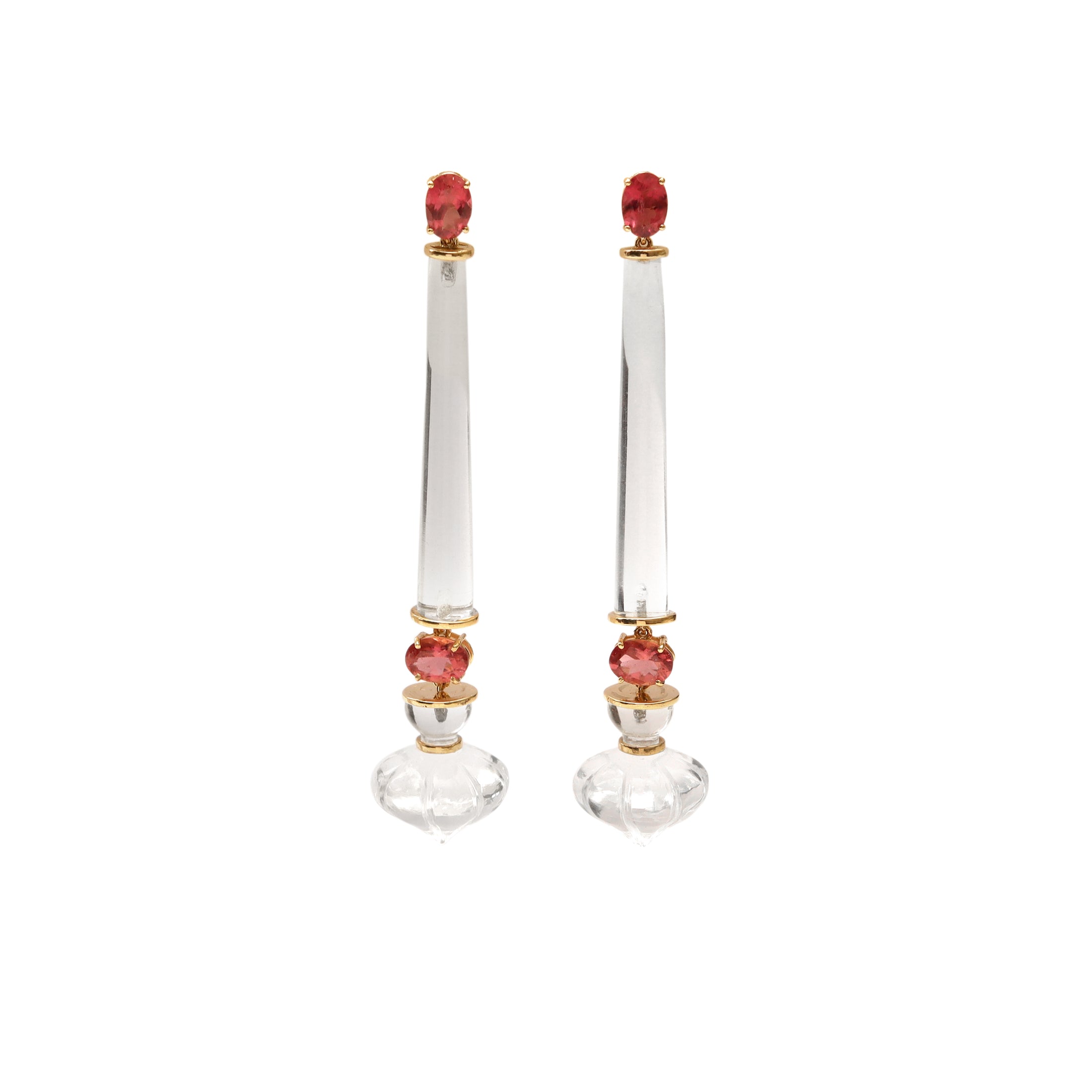 Natural Crystal and Tourmaline 18K gold earrings front view - NFJSD-1963