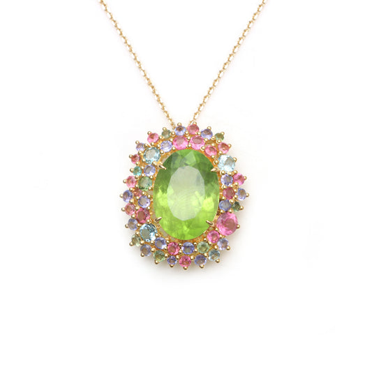 Natural Peridot and Tourmaline 18K gold pendant front view - NFJSD-1819